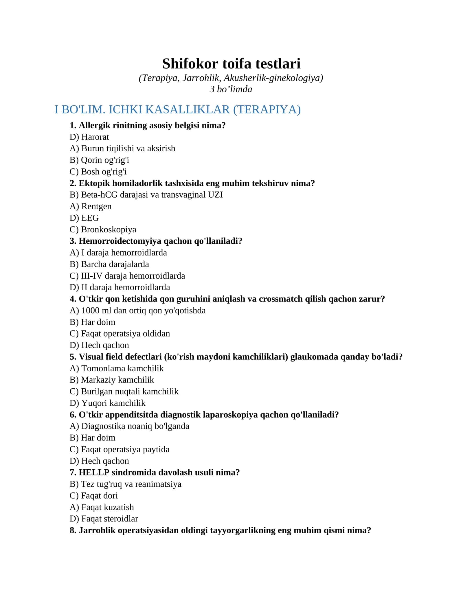 Shifokor toifa testlari