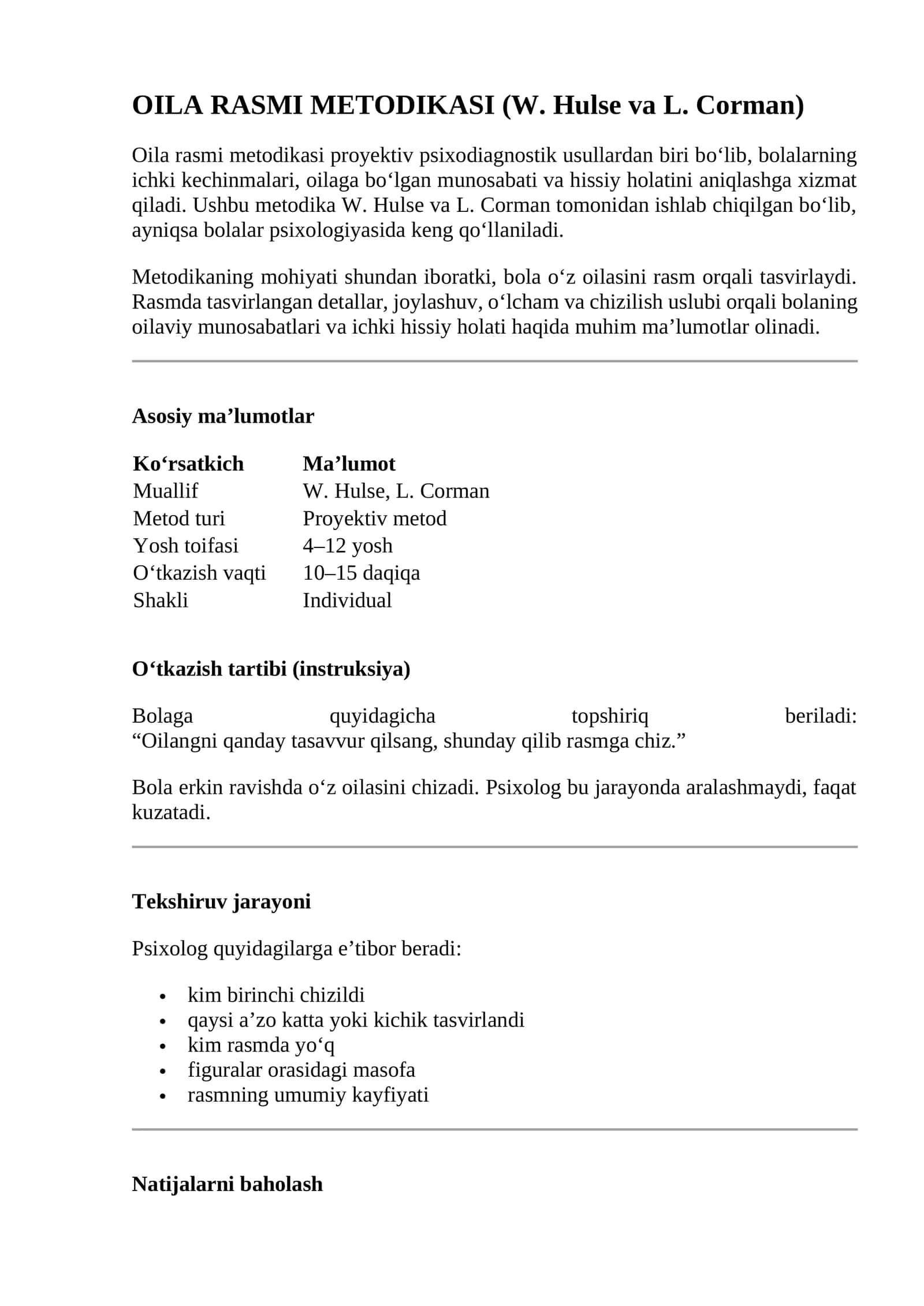OILA RASMI METODIKASI (W. Hulse va L. Corman)