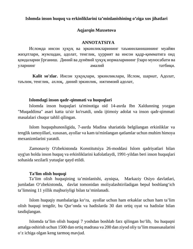 Islomda inson huquq va erkinliklarini ta’minlanishining o’ziga xos jihatlari
