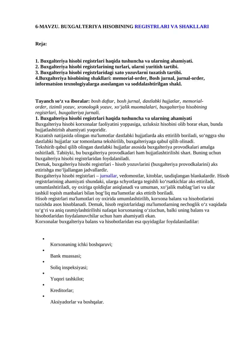 Buxgalteriya hisobi registrlari va shakllari