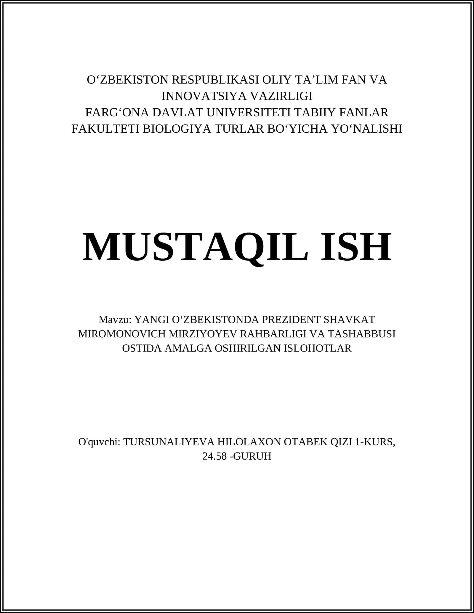 YANGI OʻZBEKISTONDA PREZIDENT SHAVKAT MIROMONOVICH MIRZIYOYEV RAHBARLIGI VA TASHABBUSI OSTIDA AMALGA OSHIRILGAN ISLOHOTLAR