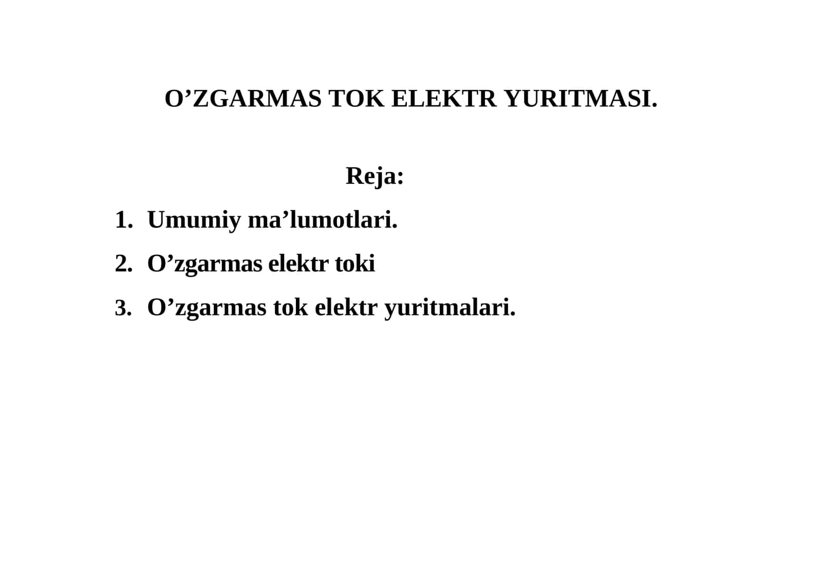O’ZGARMAS TOK ЕLEKTR YURITMASI