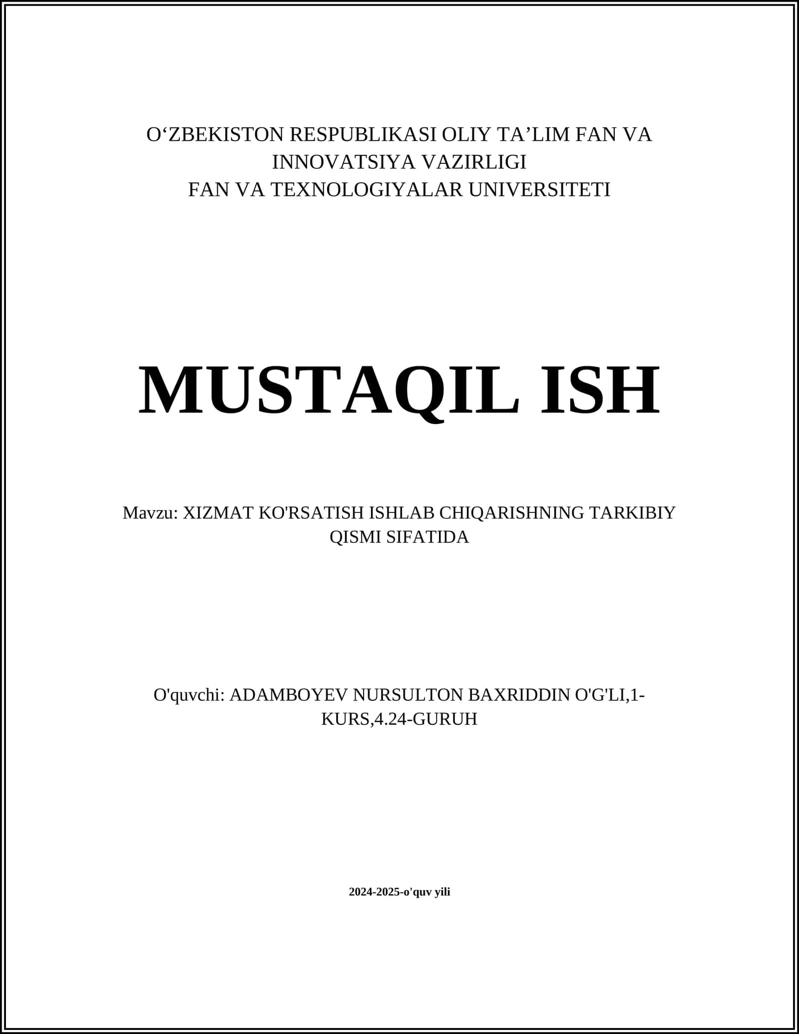 XIZMAT KO'RSATISH ISHLAB CHIQARISHNING TARKIBIY QISMI SIFATIDA