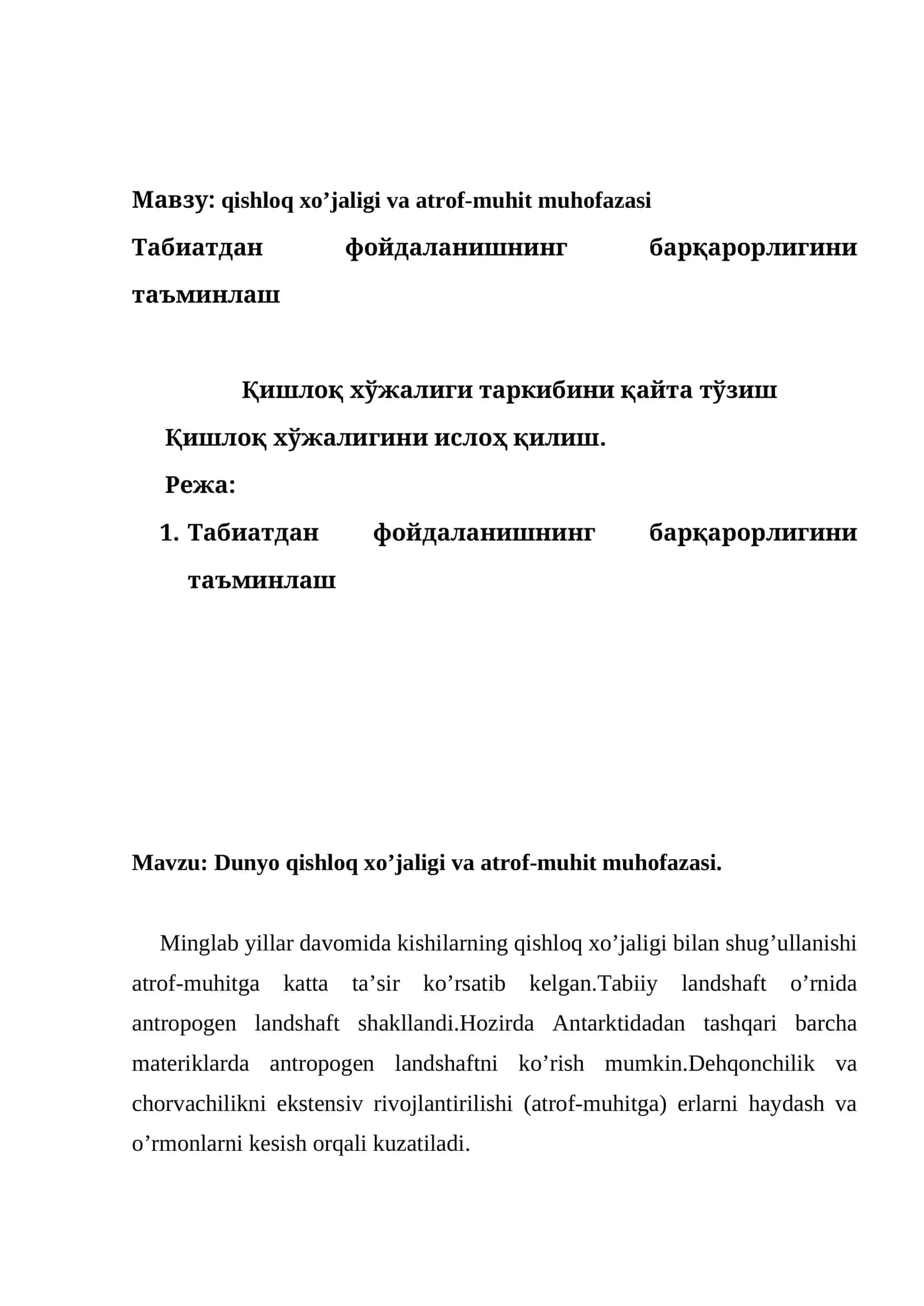 Dunyo qishloq xo’jaligi va atrof-muhit muhofazasi