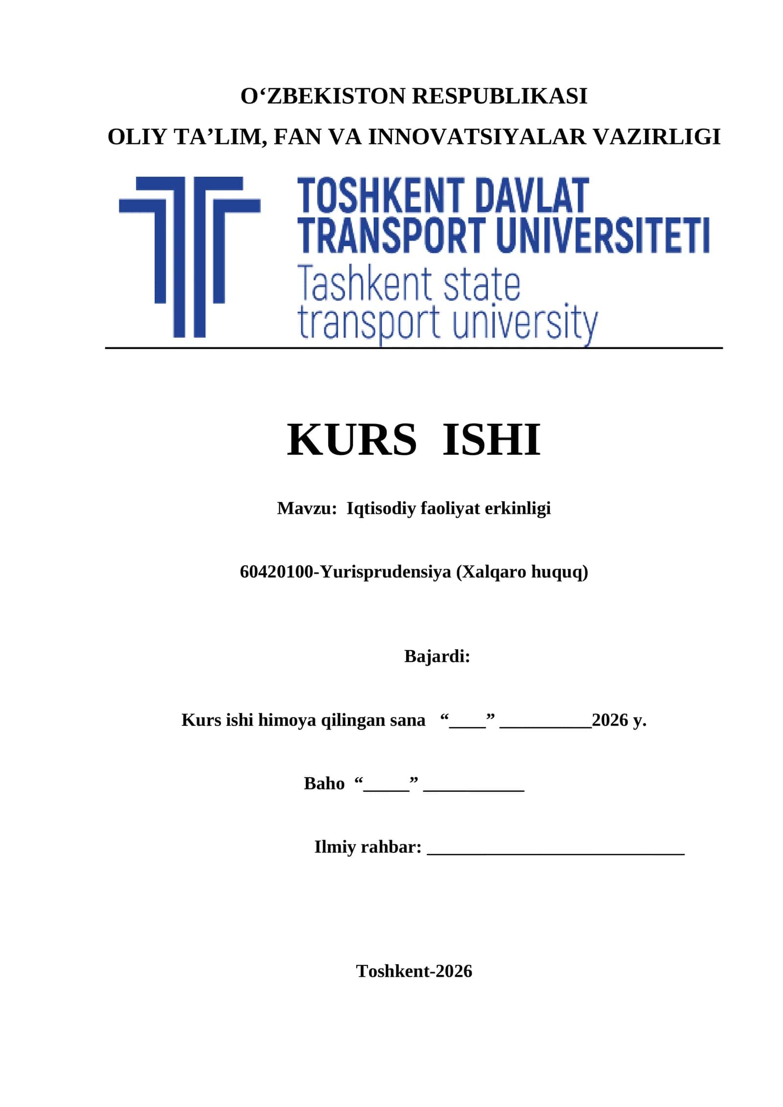 Iqtisodiy faoliyat erkinligi kurs ishi
