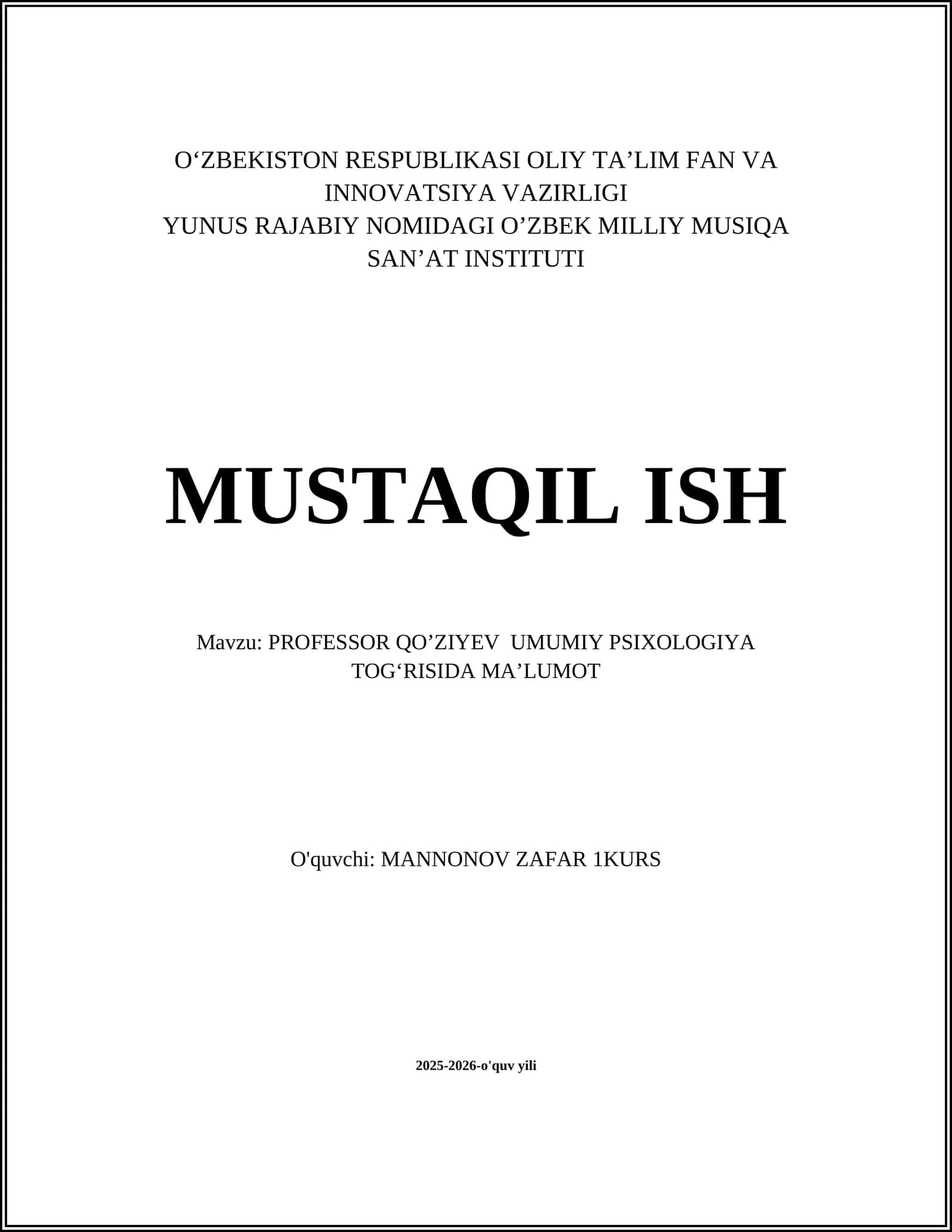 PROFESSOR QOʼZIYEV UMUMIY PSIXOLOGIYA TOGʻRISIDA MAʼLUMOT