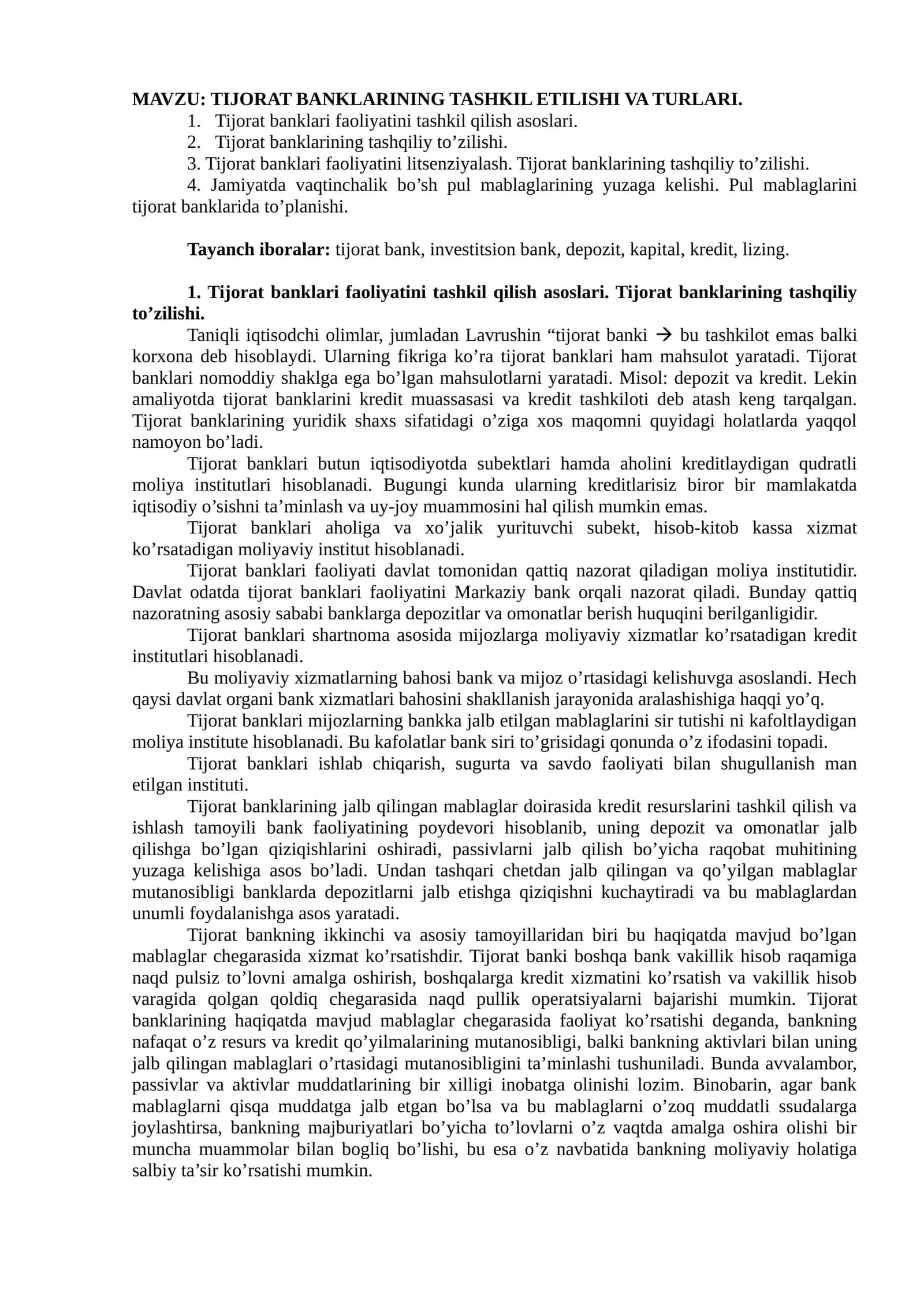 TIJORAT BANKLARINING TASHKIL ETILISHI VA TURLARI