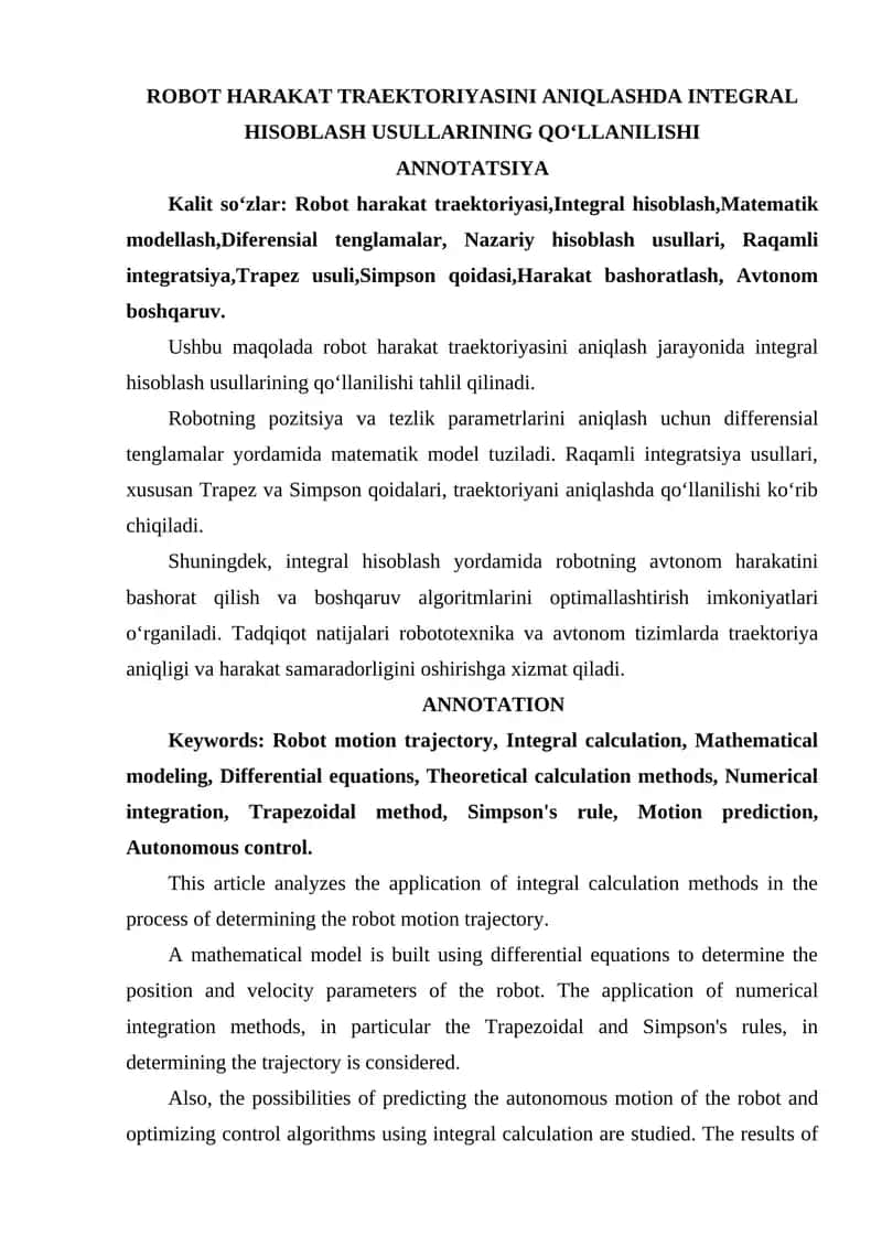 ROBOT HARAKAT TRAEKTORIYASINI ANIQLASHDA INTEGRAL HISOBLASH USULLARINING QO‘LLANILISHI