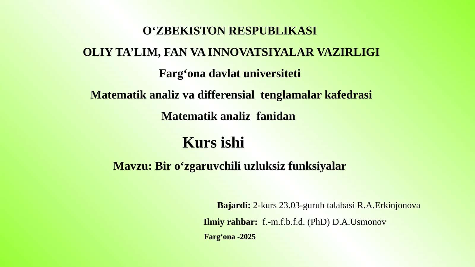 Bir o‘zgaruvchili uzluksiz funksiyalar kurs ishi taqdimoti