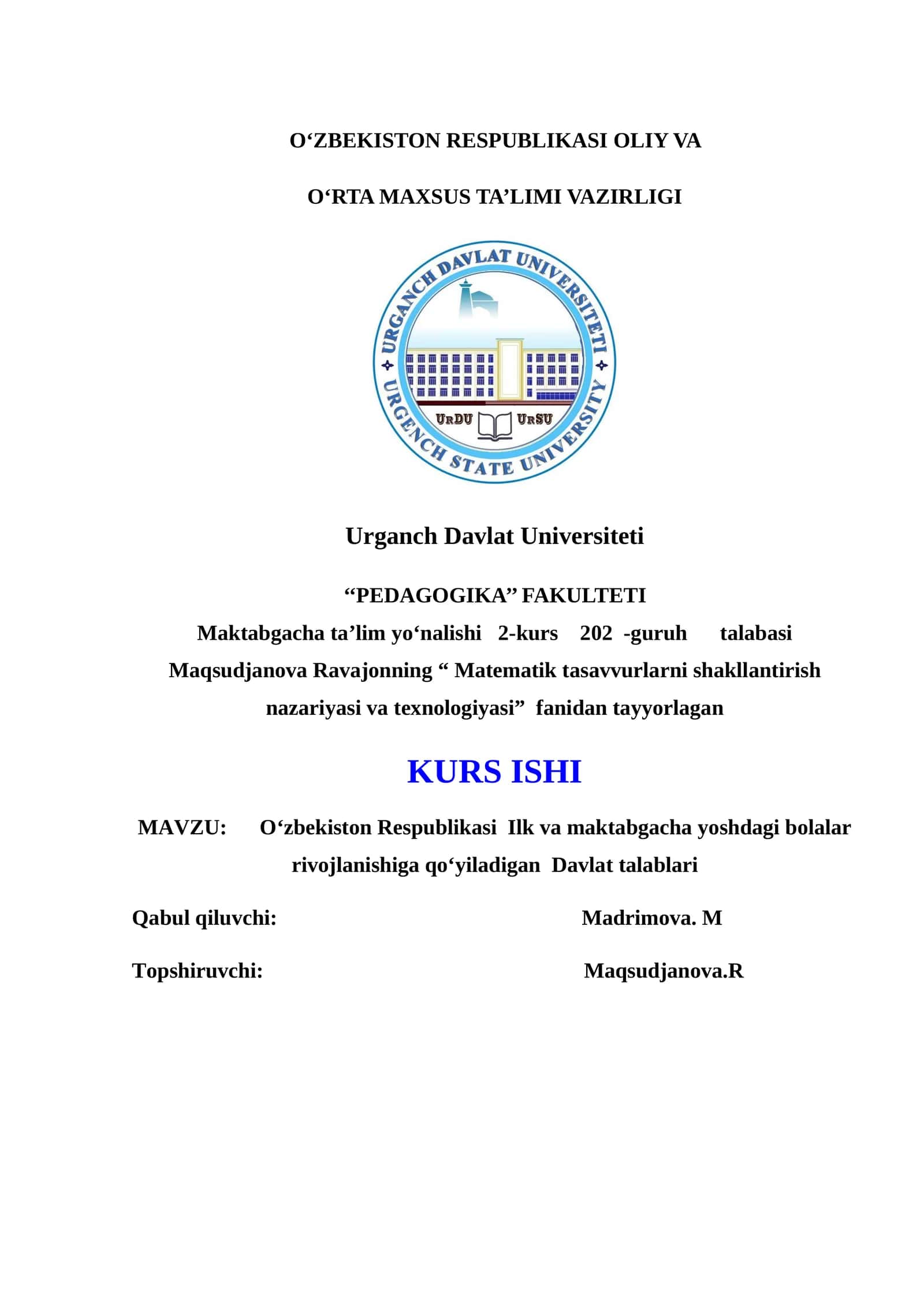 O‘zbekiston Respublikasi Ilk va maktabgacha yoshdagi bolalar rivojlanishiga qo‘yiladigan Davlat talablari
