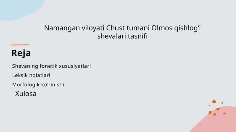 Namangan viloyati Chust tumani Olmos qishlogʻi shevalari tasnifi
