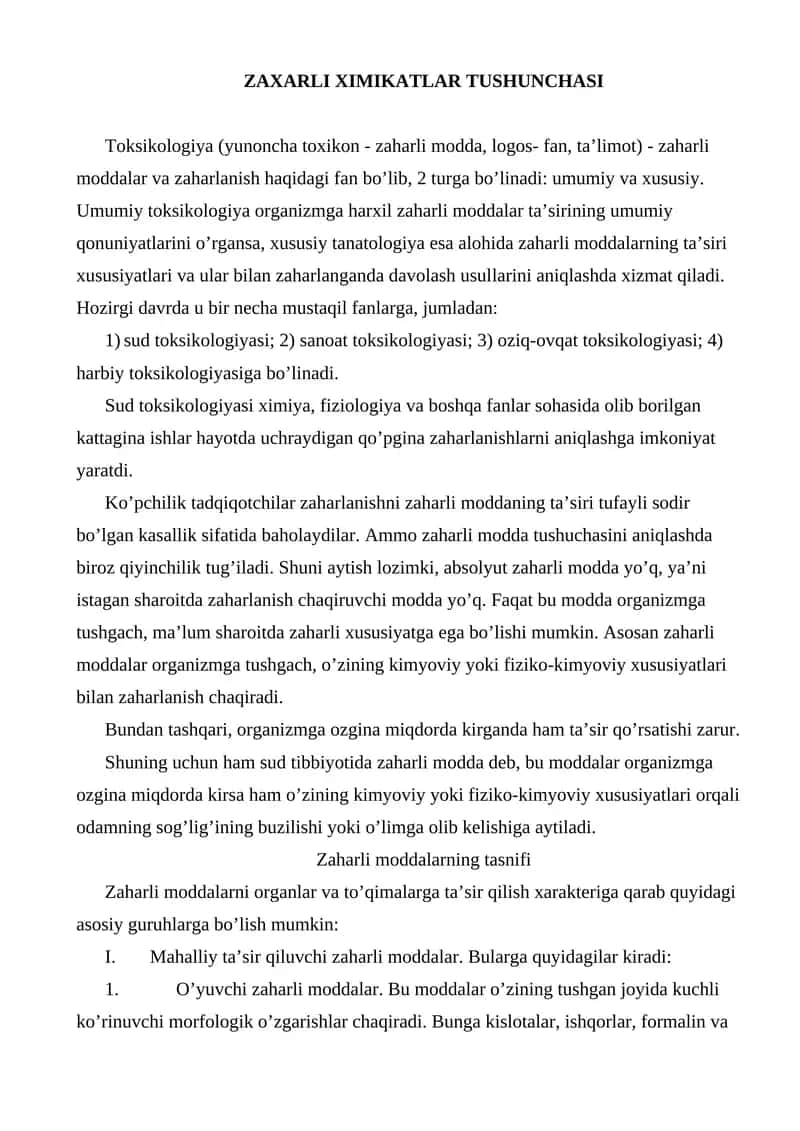 ZAXARLI XIMIKATLAR TUSHUNCHASI