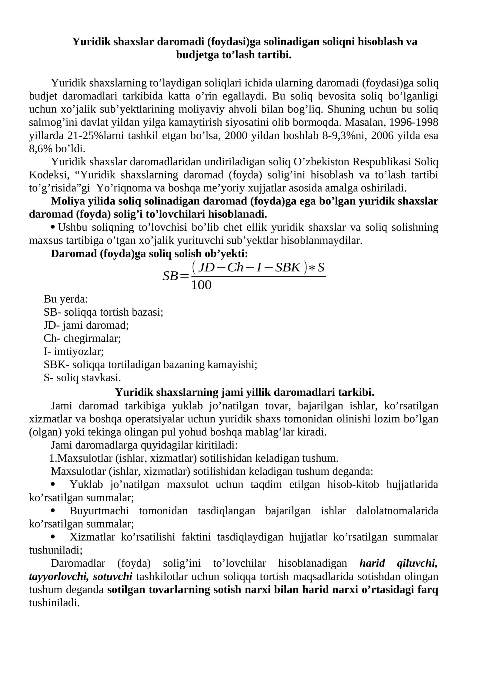 Yuridik shaxslar daromadi (foydasi)ga solinadigan soliqni hisoblash va budjetga to’lash tartibi