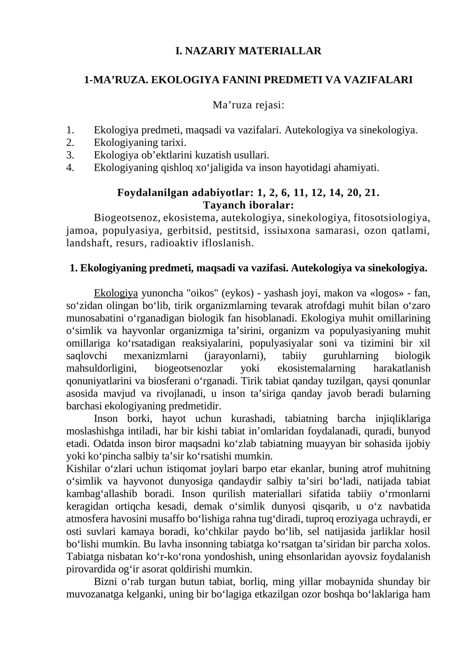 Ekologiya Fanini Predmeti va Vazifalari