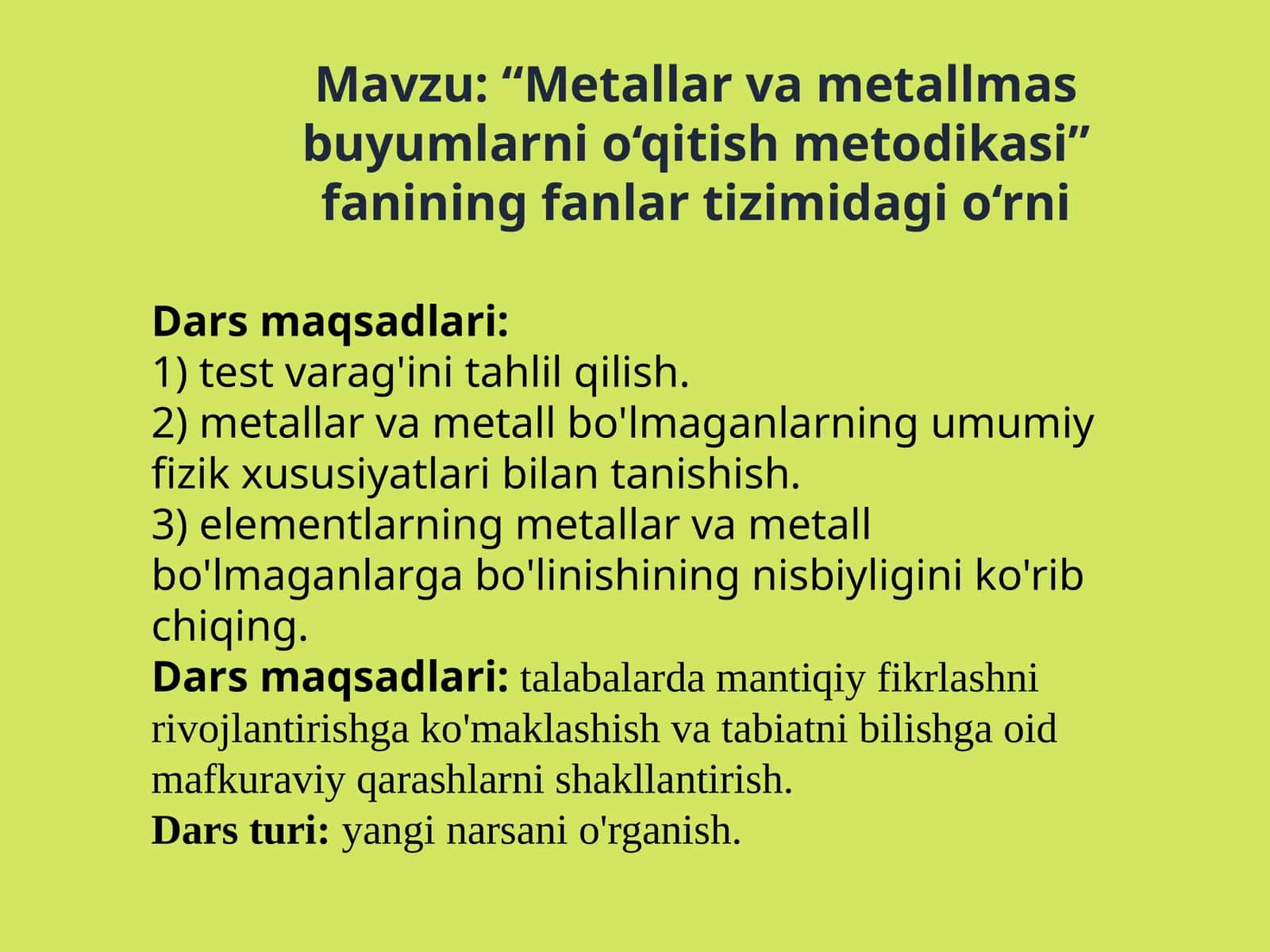 “Metallarvametallmasbuyumlarnio‘qitishmetodikasi”faniningfanlartizimi