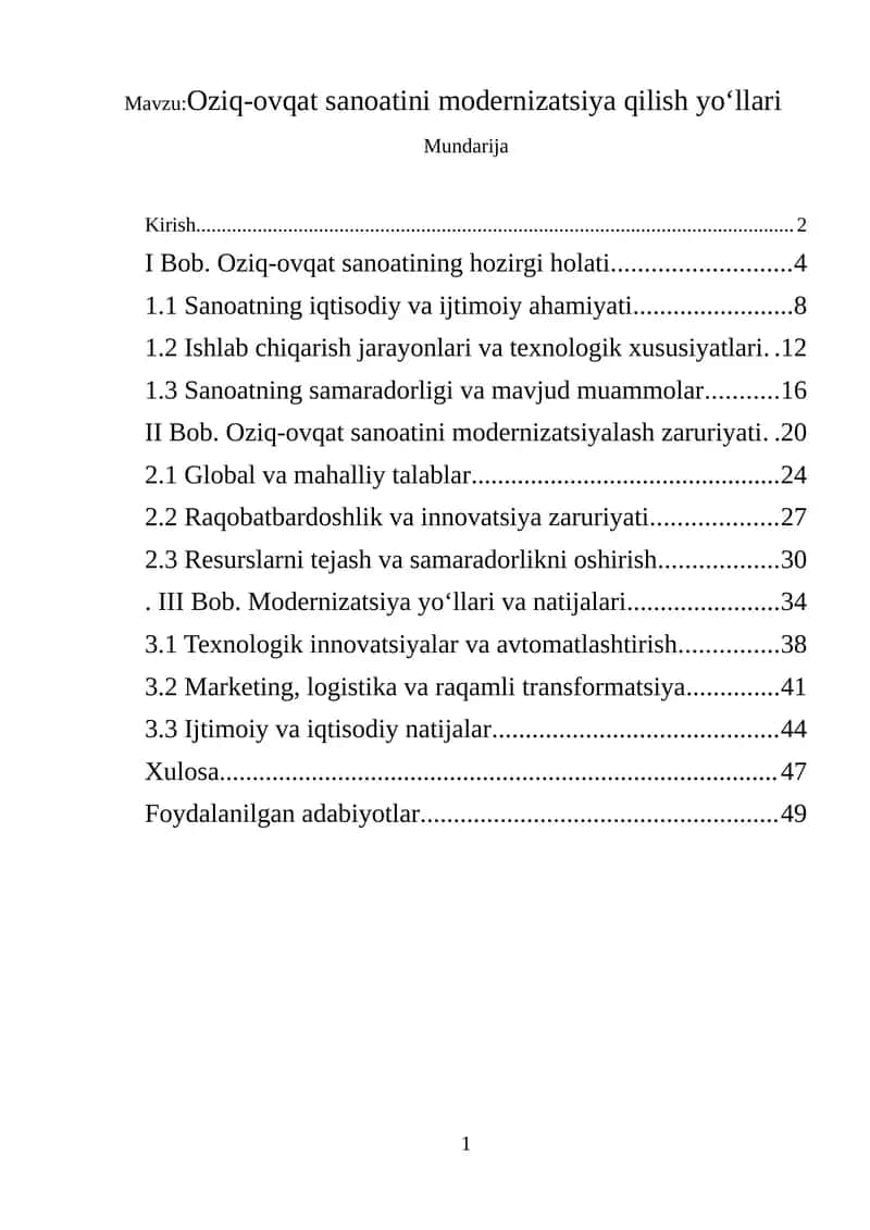 Oziq-ovqat sanoatini modernizatsiya qilish yo‘llari