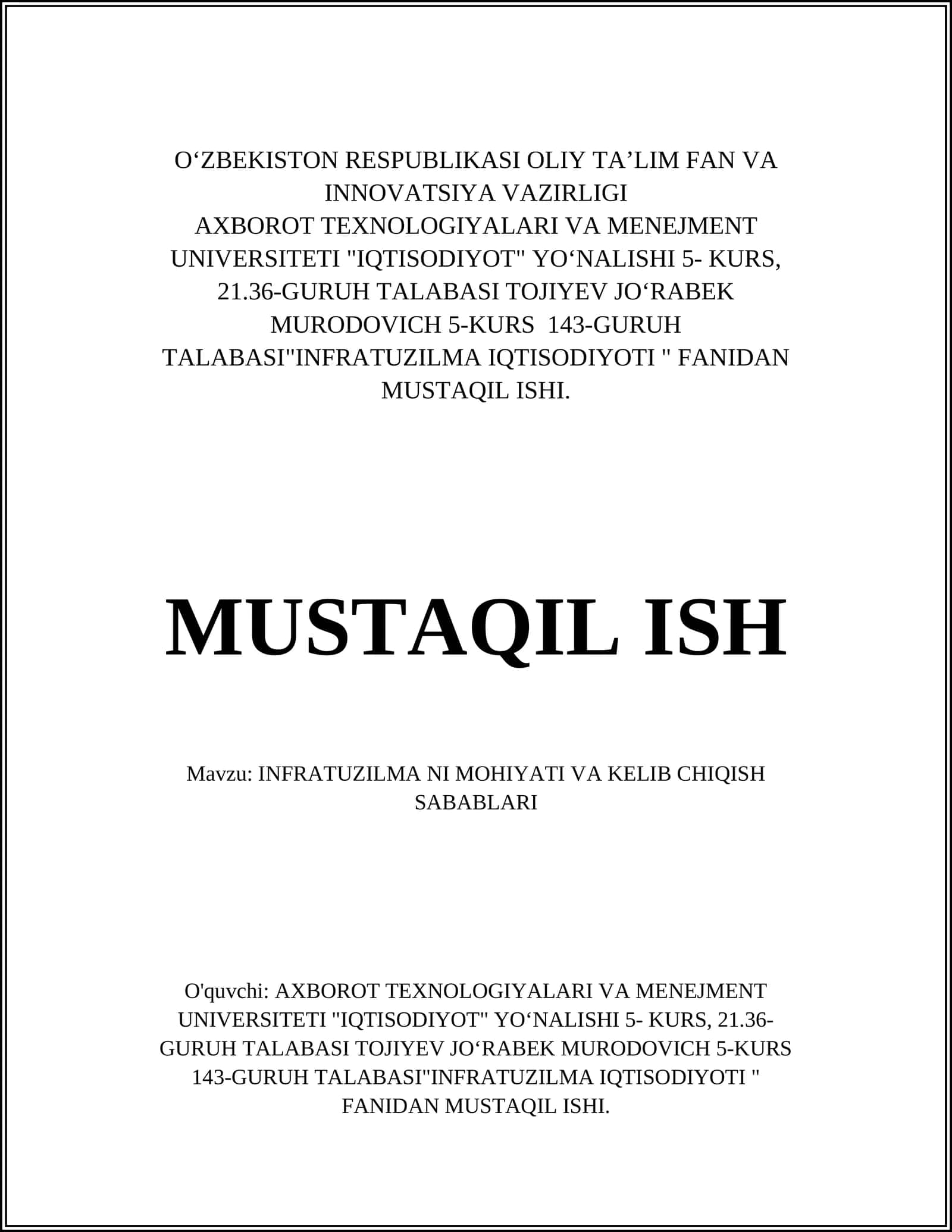 INFRATUZILMA NI MOHIYATI VA KELIB CHIQISH SABABLARI