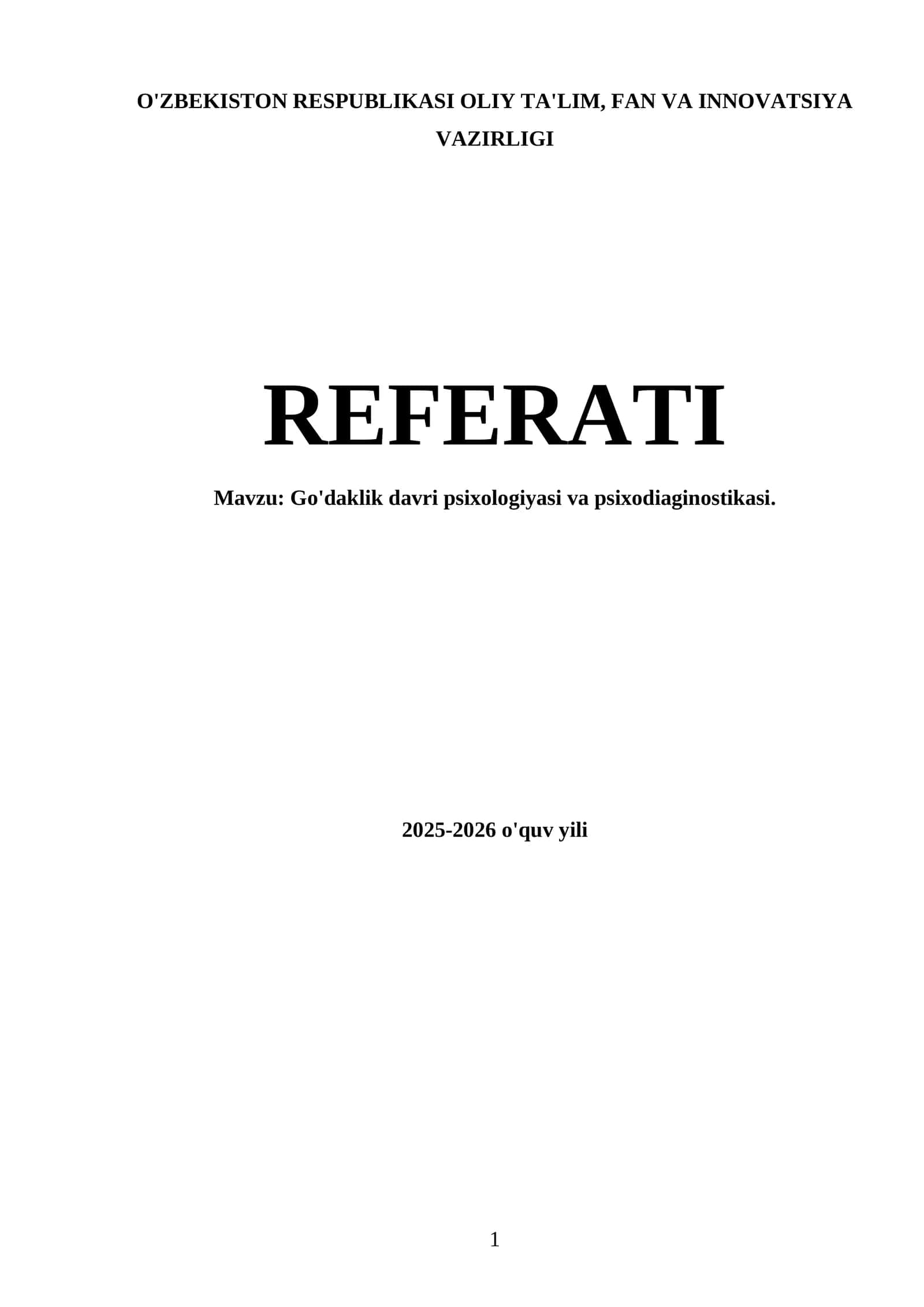 Go'daklik Davri Psixologiyasi va Psixodiaginostikasi