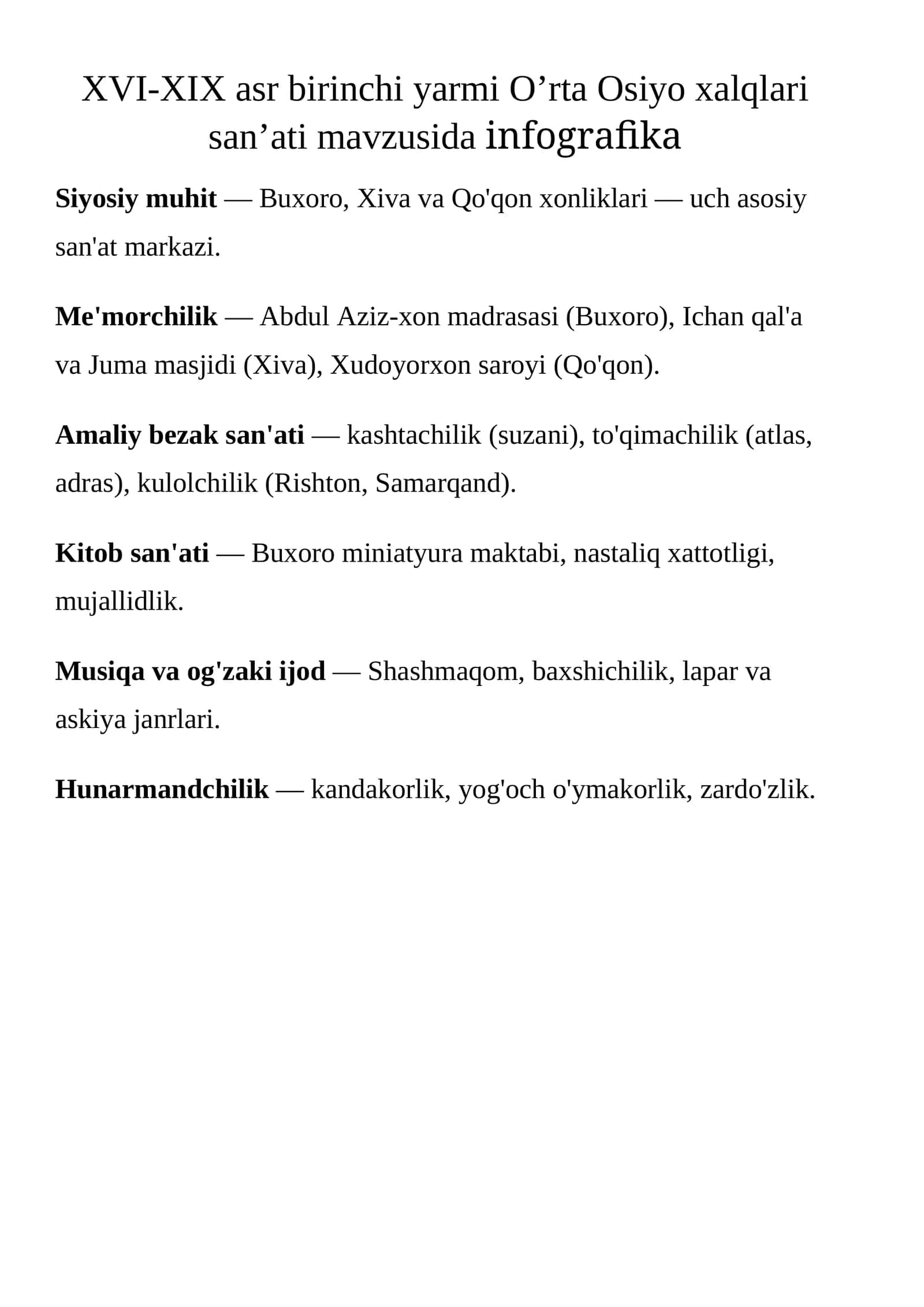 XVI-XIX asr birinchi yarmi O’rta Osiyo xalqlari san’ati mavzusida infografika
