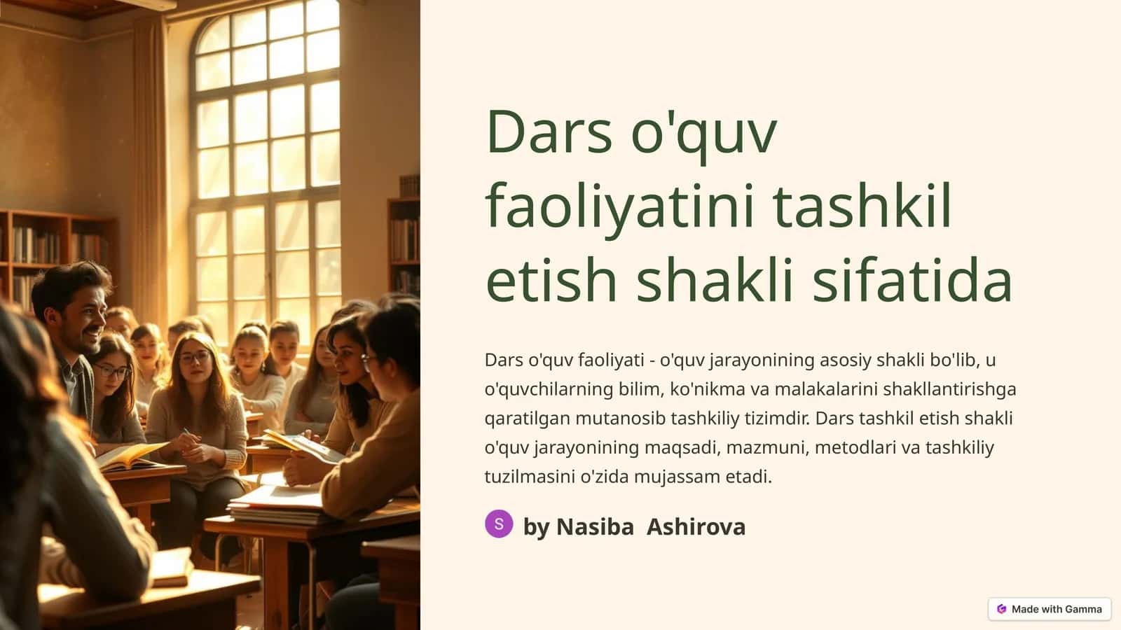 Dars o'quv faoliyatini tashkil etish shakli sifatida