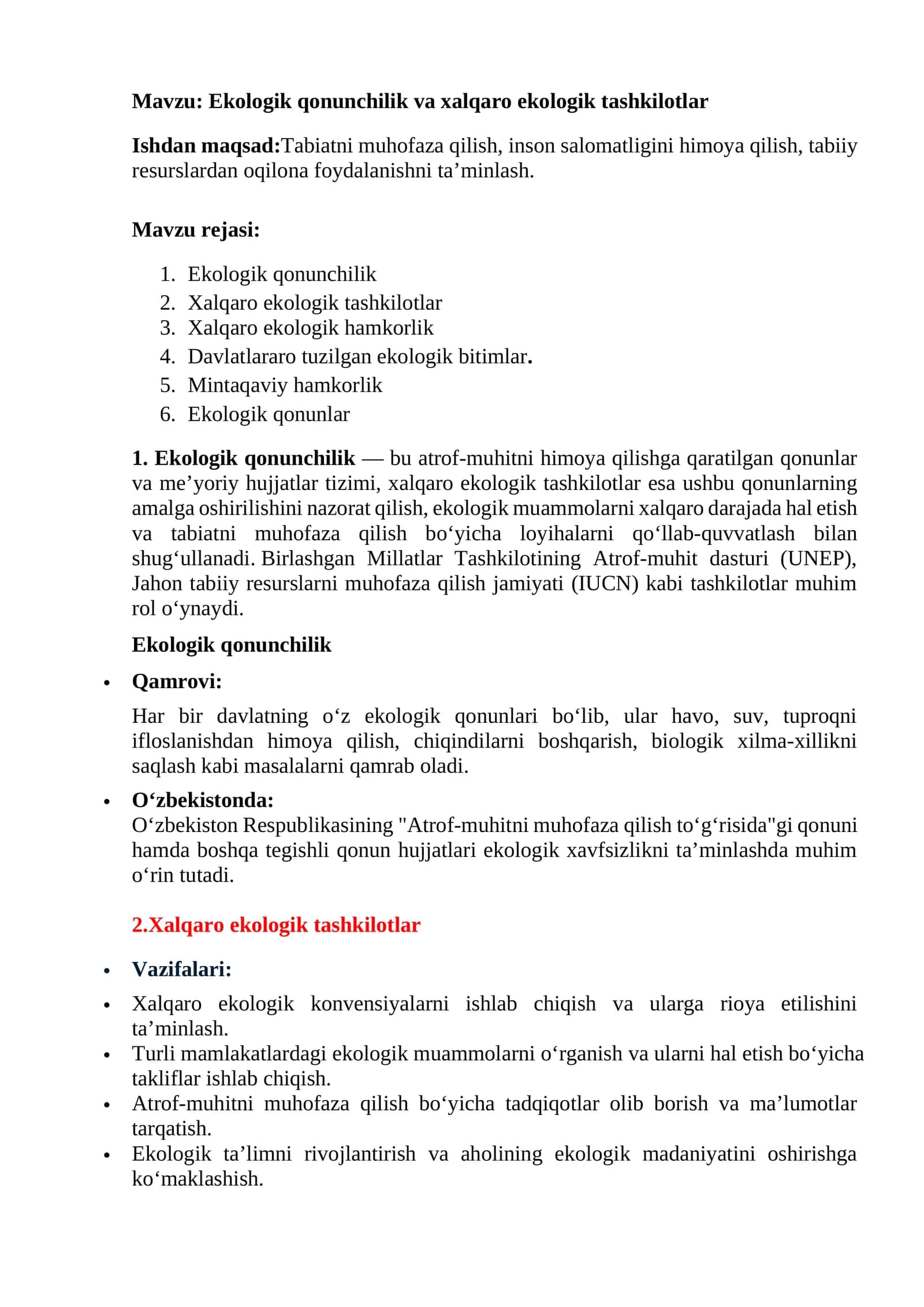 Ekologik qonunchilik va xalqaro ekologik tashkilotlar