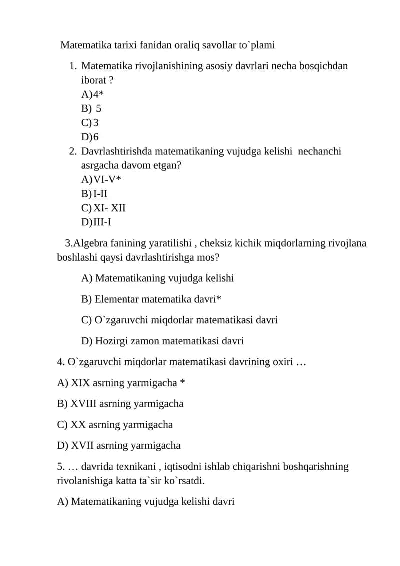 Matematika tarixi fanidan oraliq savollar to`plami