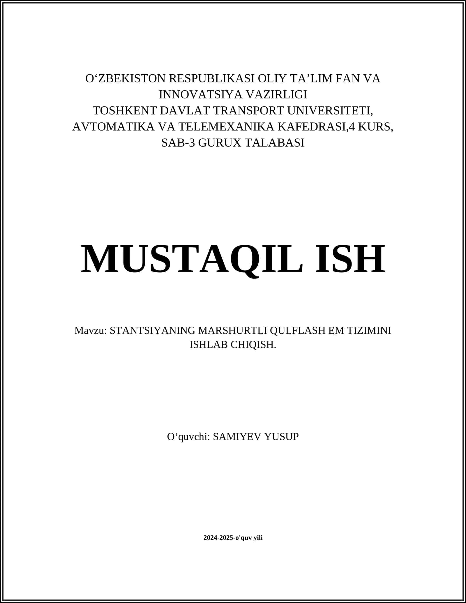 STANTSIYANING MARSHURTLI QULFLASH EM TIZIMINI ISHLAB CHIQISH