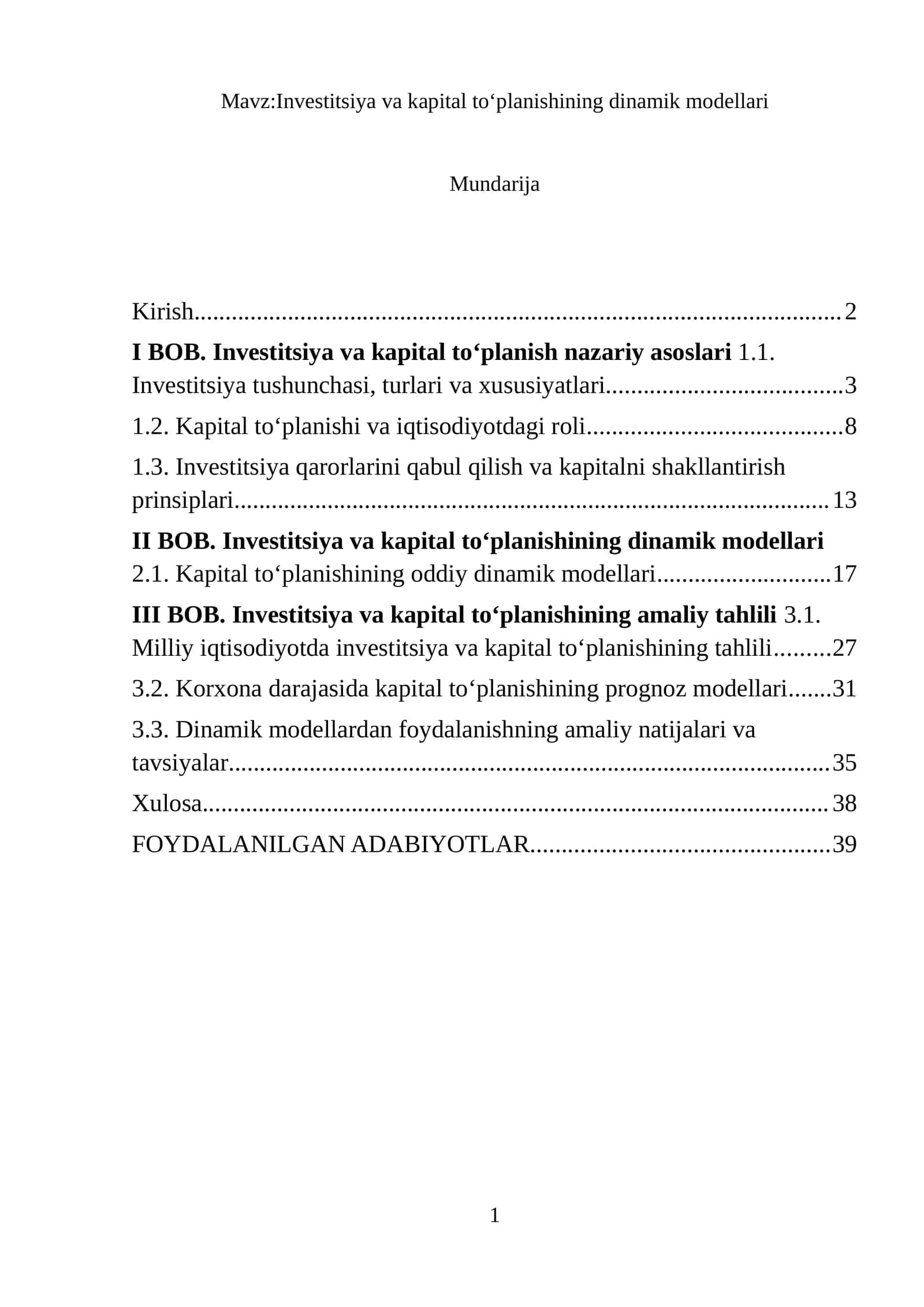 Investitsiya va kapital toʻplanishining dinamik modellari