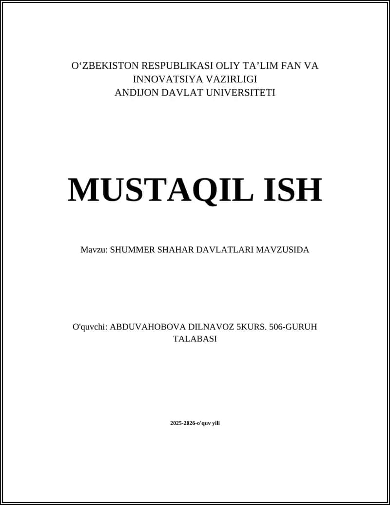 SHUMMER SHAHAR DAVLATLARI MAVZUSIDA