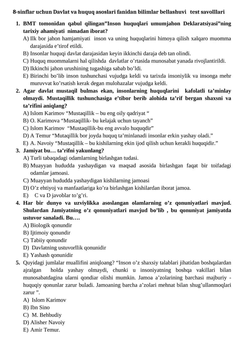 Davlat va huquq asoslari test savolllari
