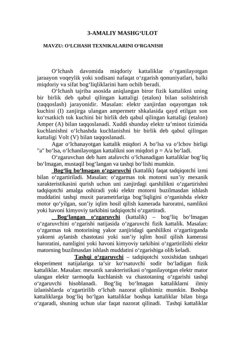 O‘LCHASH TEXNIKALARINI O‘RGANISH
