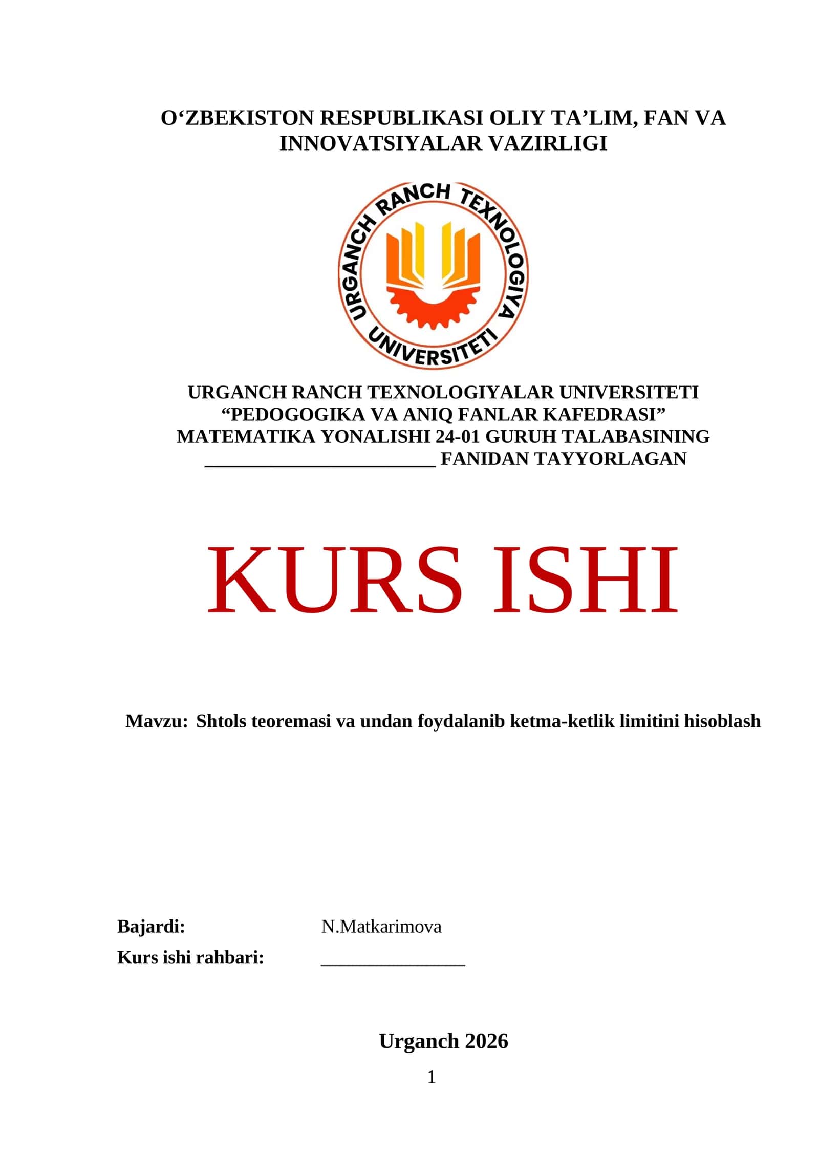 Shtols teoremasi va undan foydalanib ketma-ketlik limitini hisoblash
