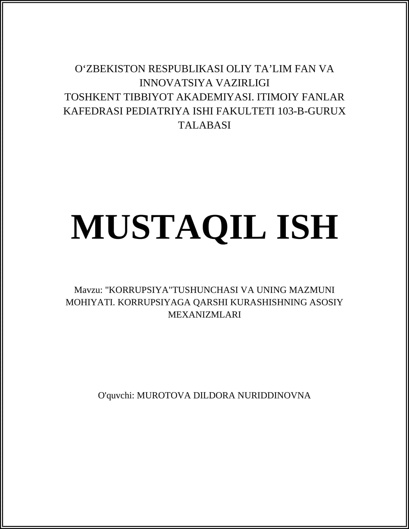 KORRUPSIYA TUSHUNCHASI VA UNING MAZMUNI MOHIYATI