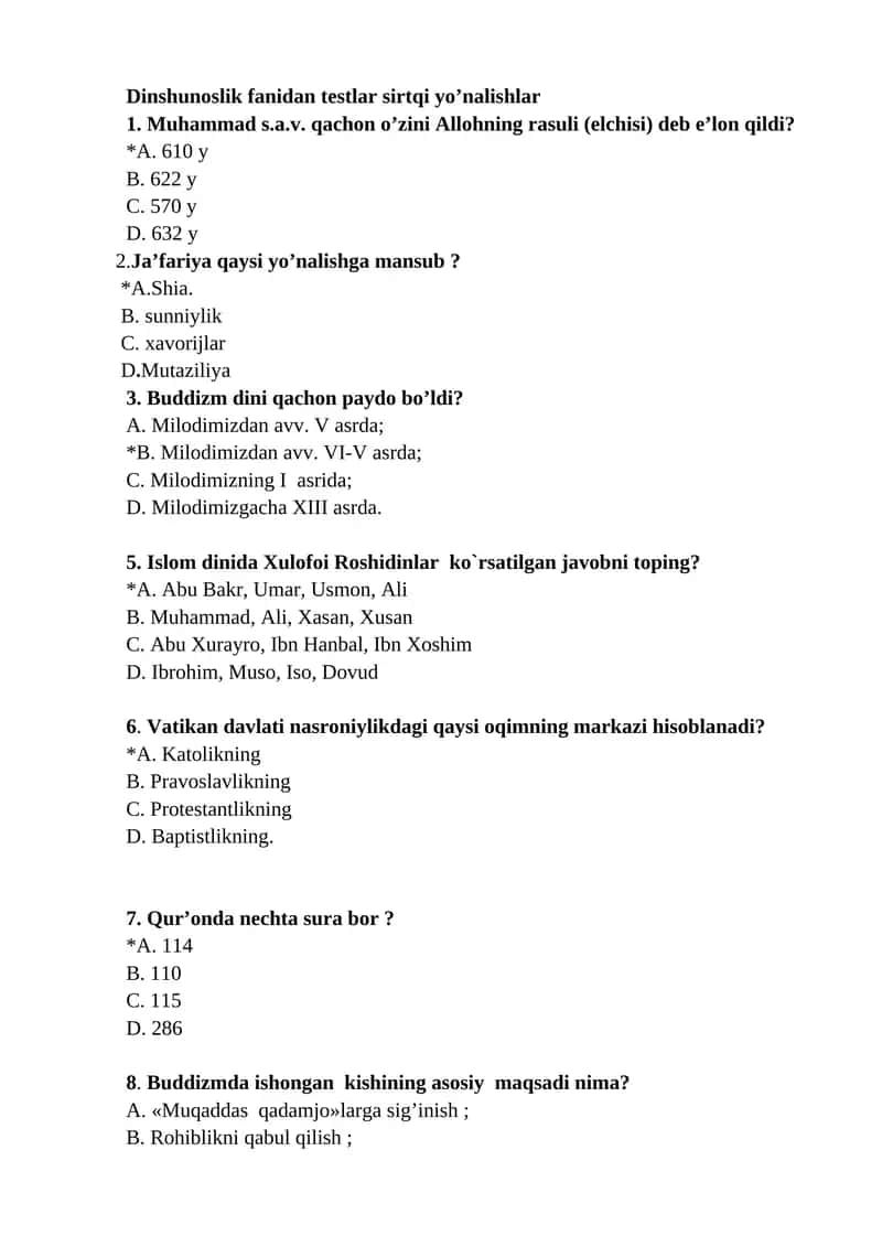 Dinshunoslik 100 ta test javoblari.