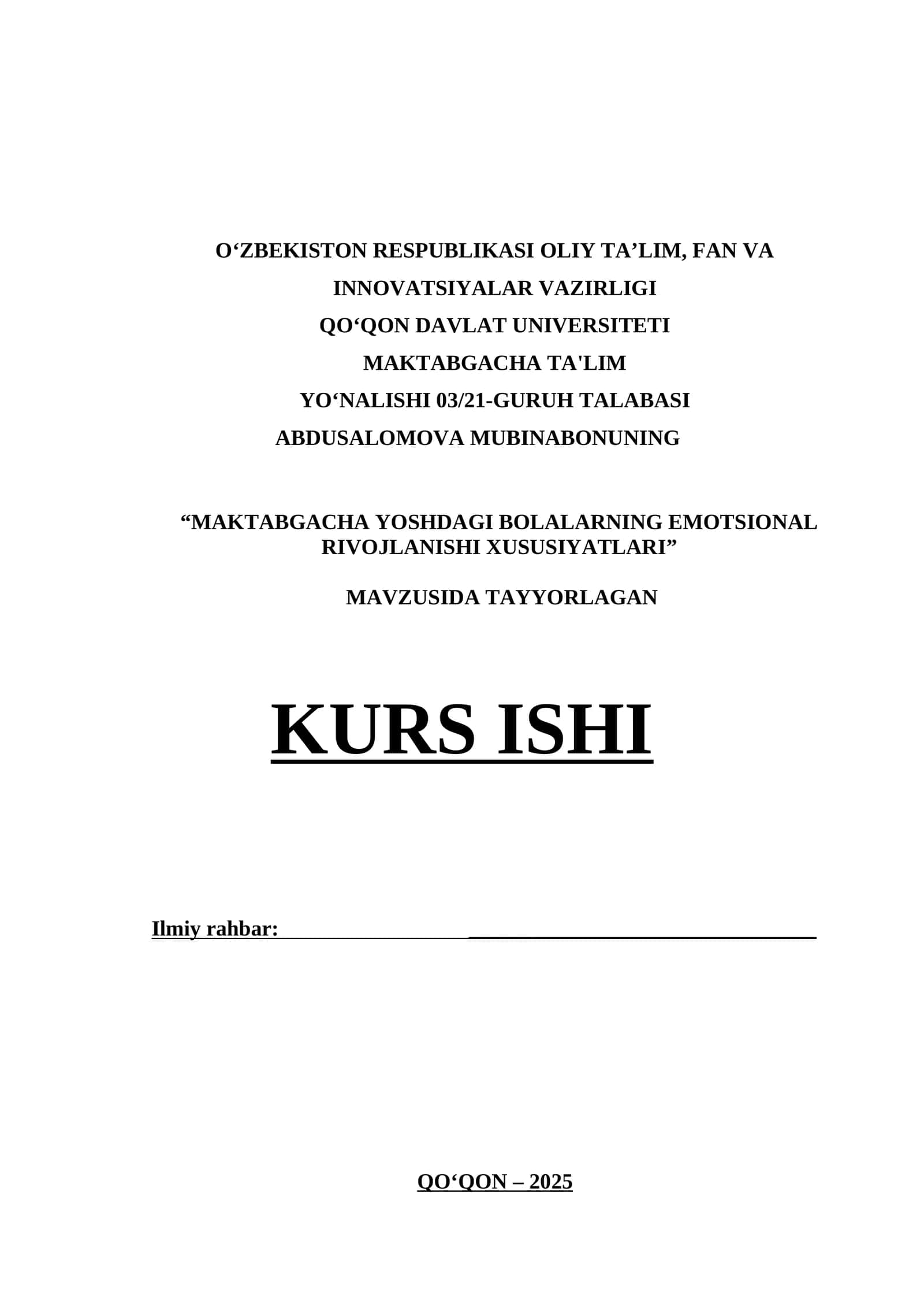 MAKTABGACHA YOSHDAGI BOLALARNING EMOTSIONAL RIVOJLANISHI XUSUSIYATLARI