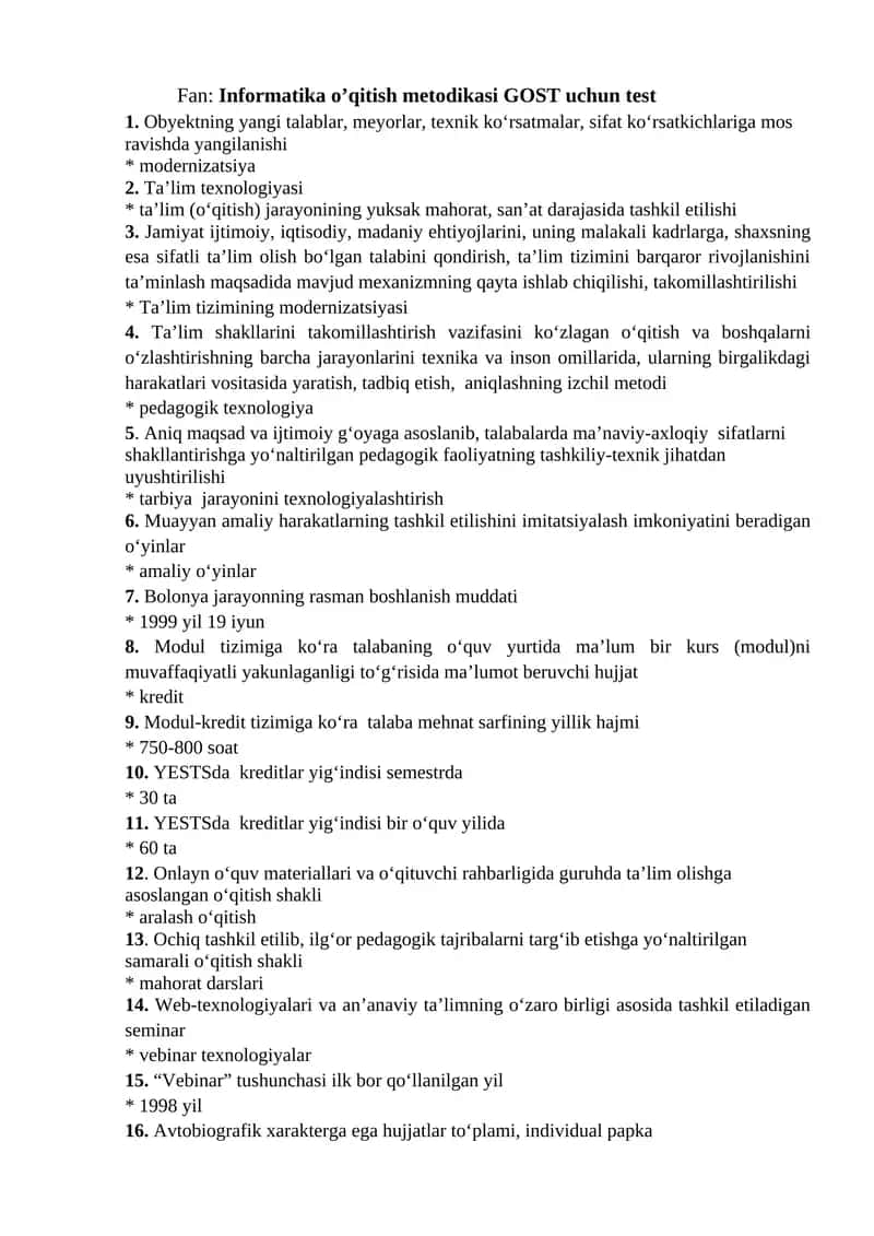 Fan: Informatika o’qitish metodikasi GOST uchun test
