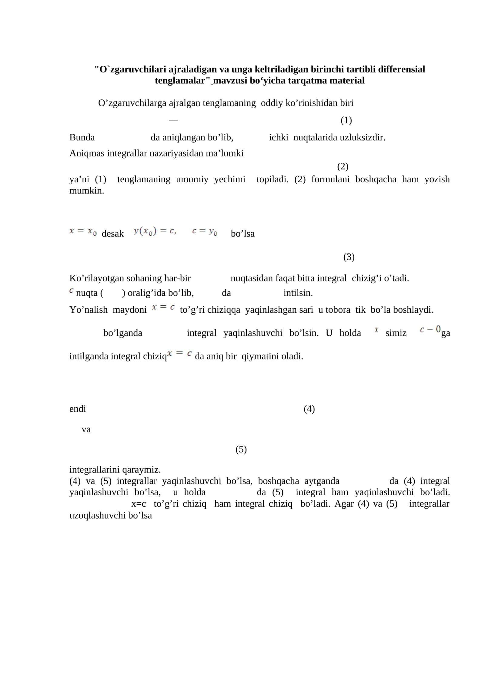 O`zgaruvchilari ajraladigan va unga keltriladigan birinchi tartibli differensial tenglamalar