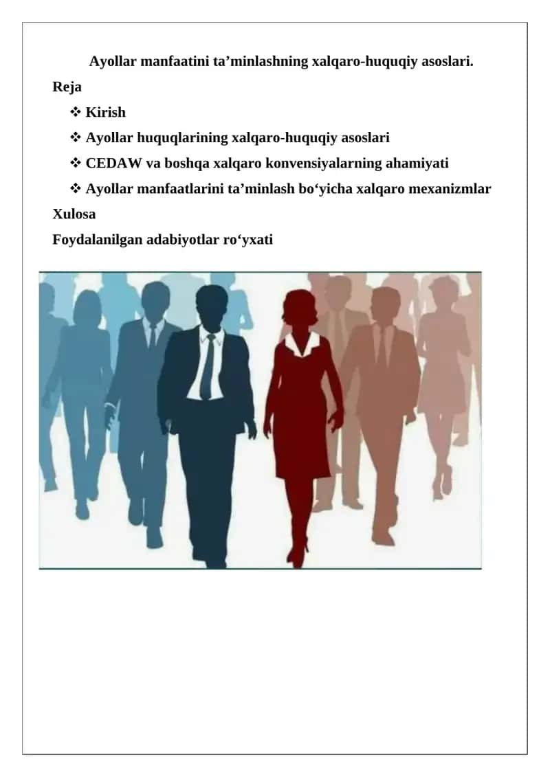Ayollar manfaatini ta’minlashning xalqaro-huquqiy asoslari