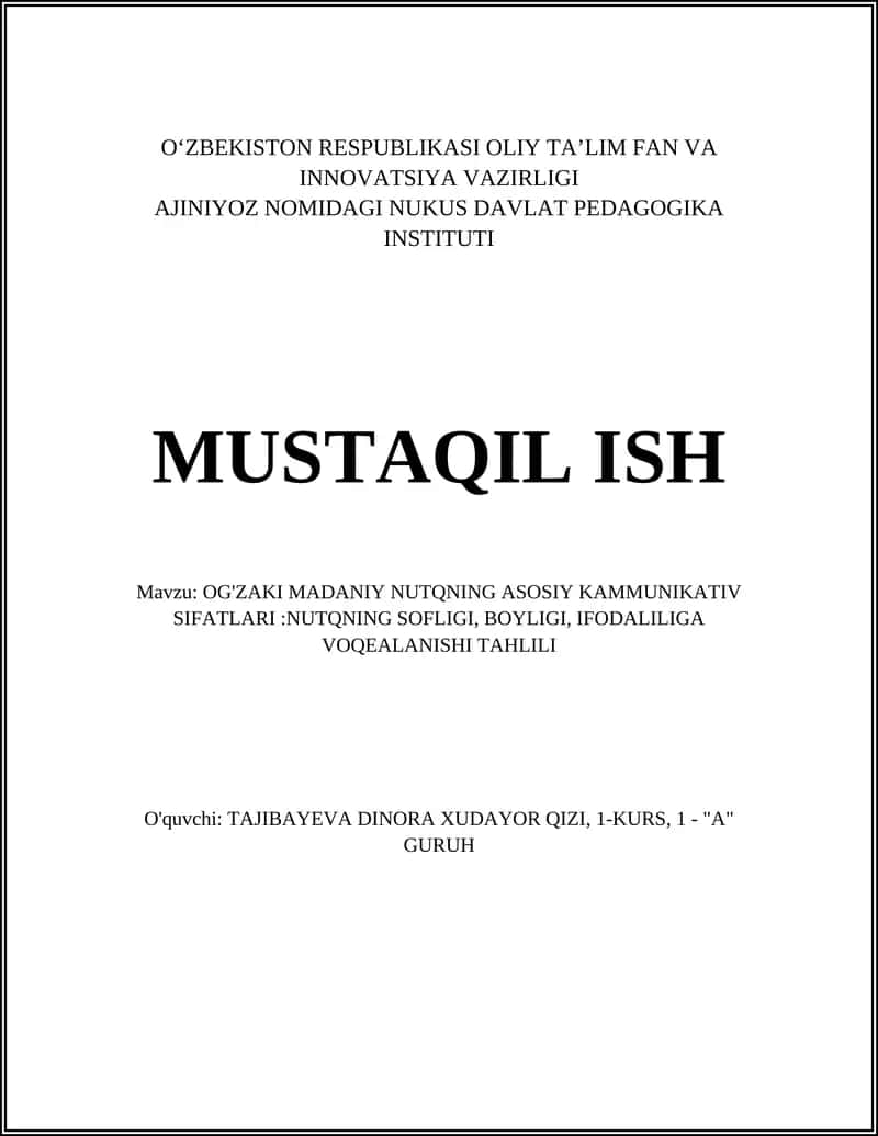 OG'ZAKI MADANIY NUTQNING ASOSIY KAMMUNIKATIV SIFATLARI:NUTQNING SOFLIGI, BOYLIGI, IFODALILIGA VOQEALANISHI TAHLILI