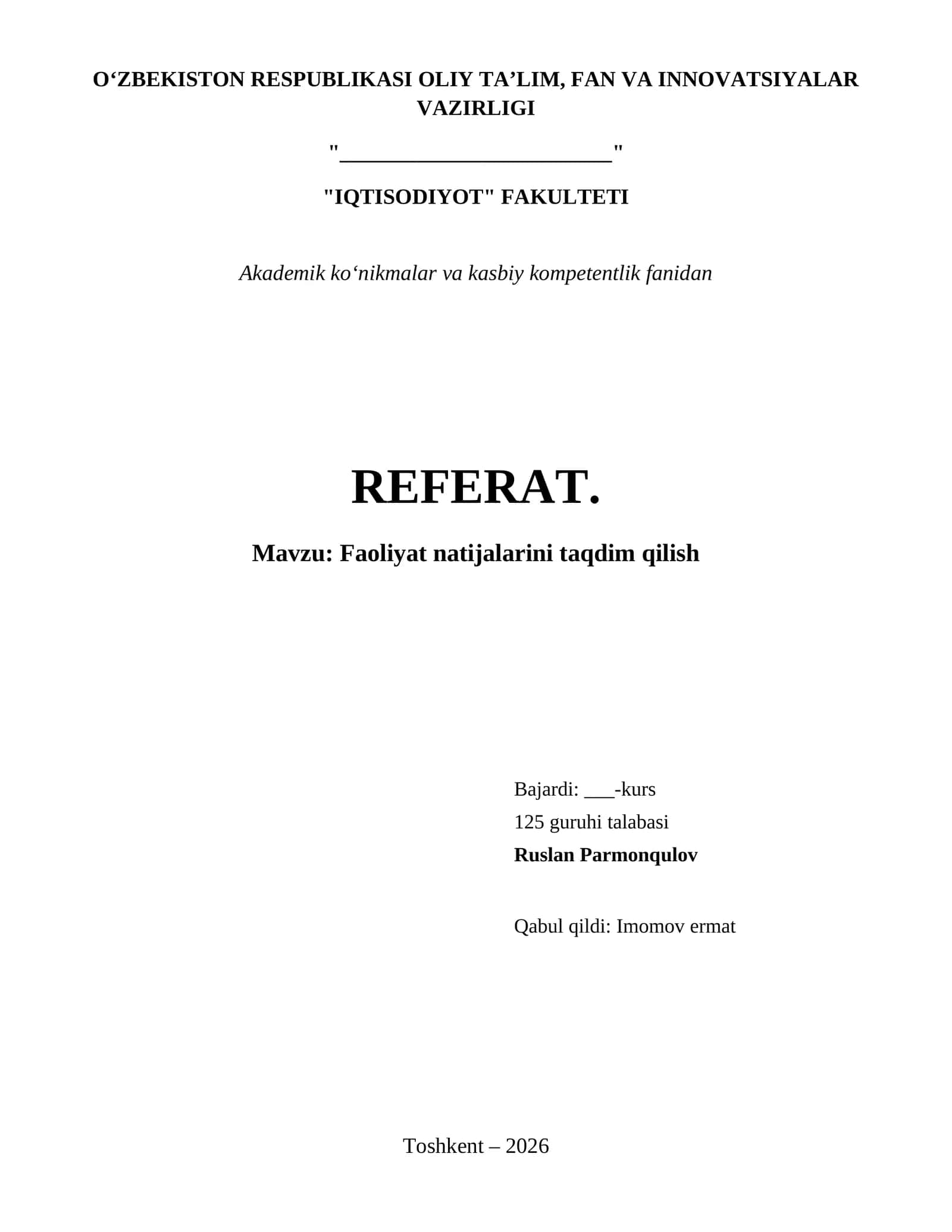 Faoliyat natijalarini taqdim qilish