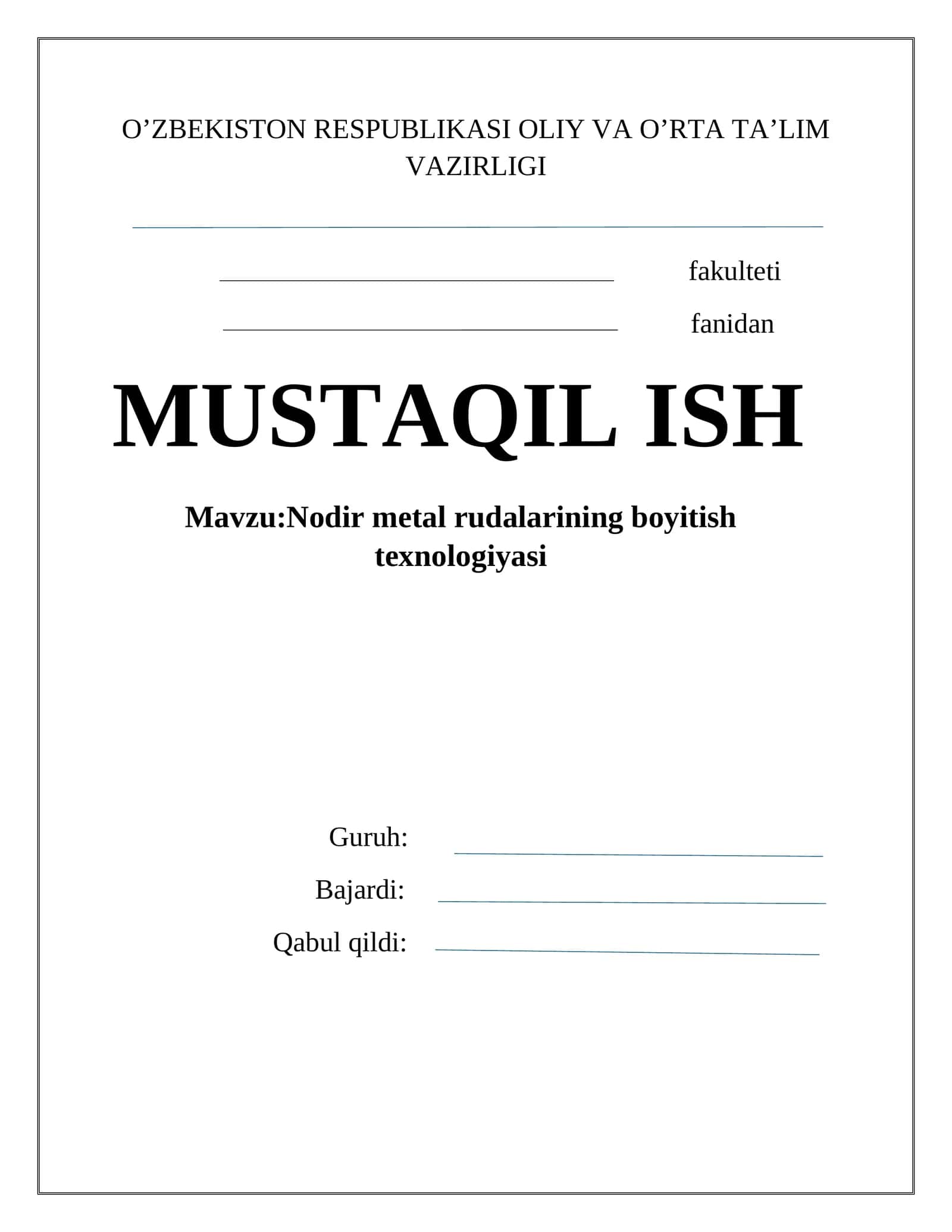 Nodir metal rudalarining boyitish texnologiyasi