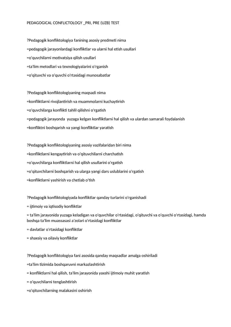 PEDAGOGICAL CONFLICTOLOGY _PRI, PRE (UZB) TEST