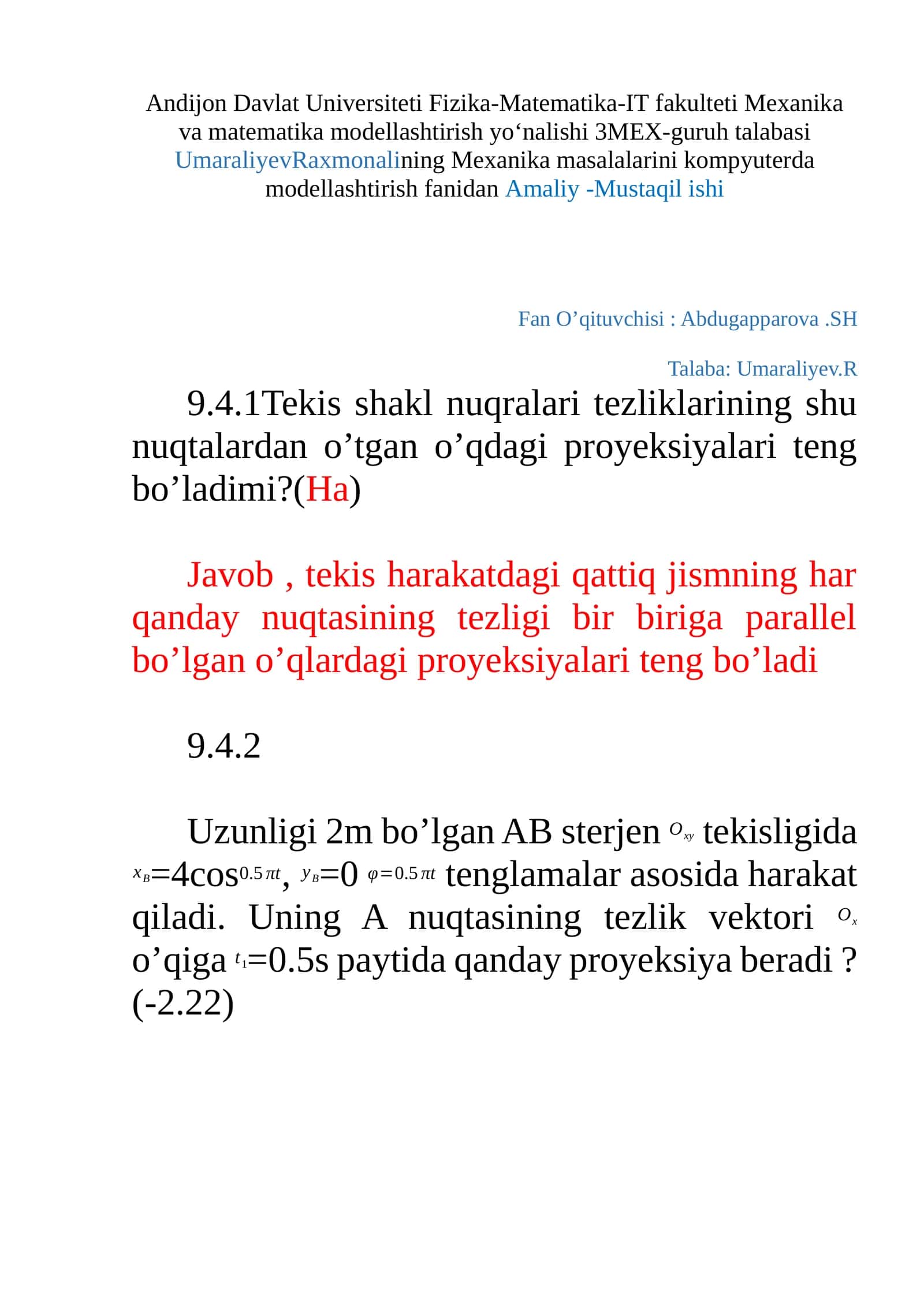 Mexanika masalalarini kompyuterda modellashtirish fanidan Amaliy -Mustaqil ishi