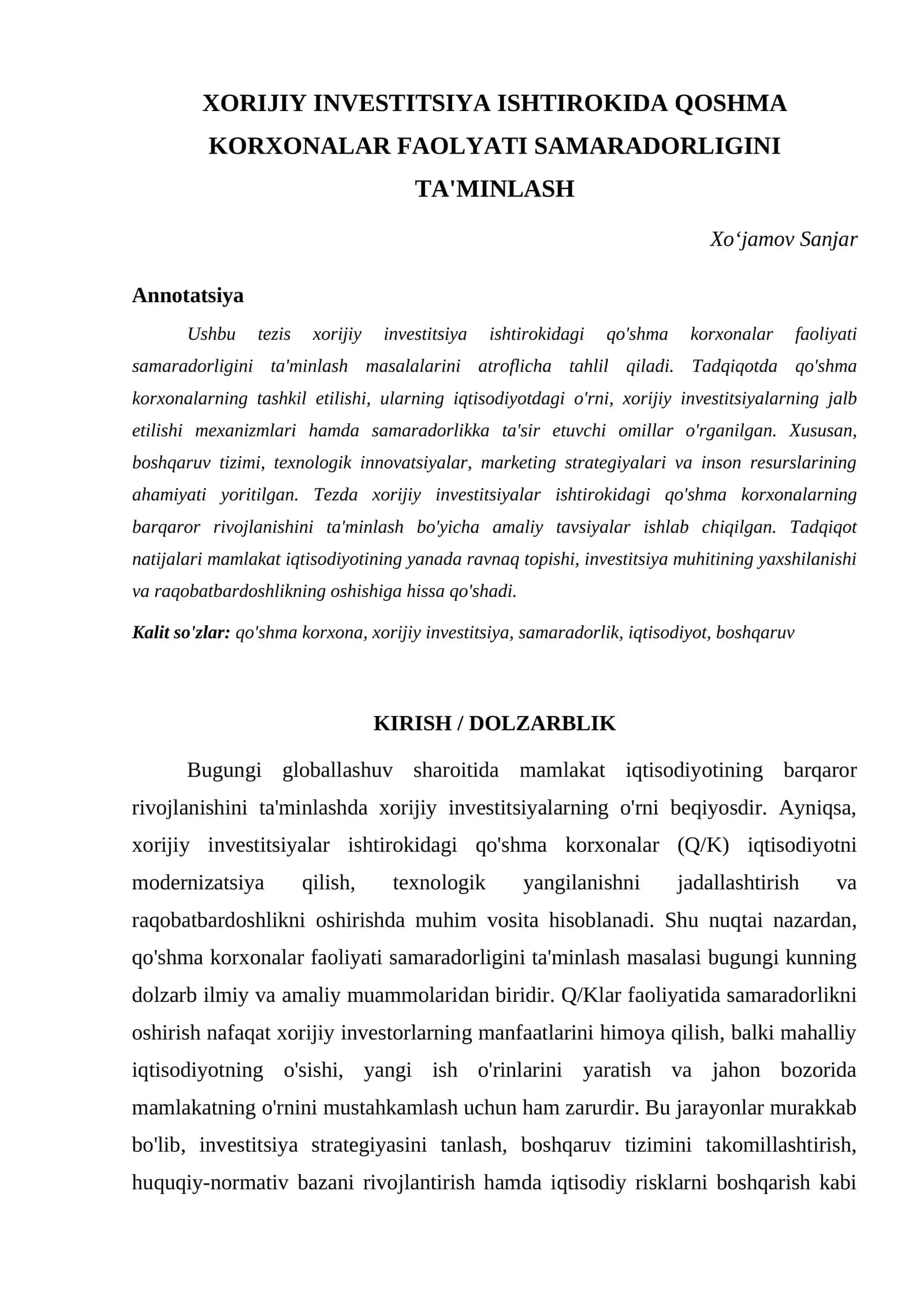 XORIJIY INVESTITSIYA ISHTIROKIDA QOSHMA KORXONALAR FAOLYATI SAMARADORLIGINI TA'MINLASH