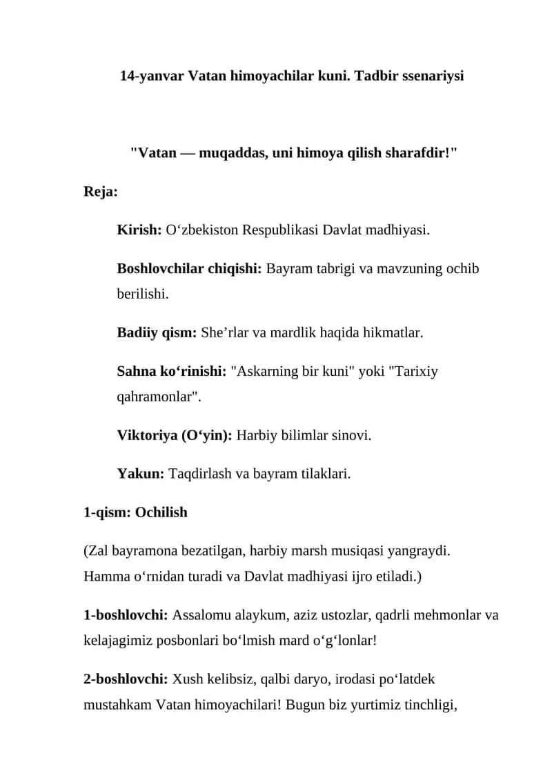 14-yanvar Vatan himoyachilar kuni. Tadbir ssenariysi      14-yanvar Vatan himoyachilari kuni uchun tadbir ssenariylari          14 Yanvar Vatan Himoyachilari Kuni Tadbir Ishlanmasi |