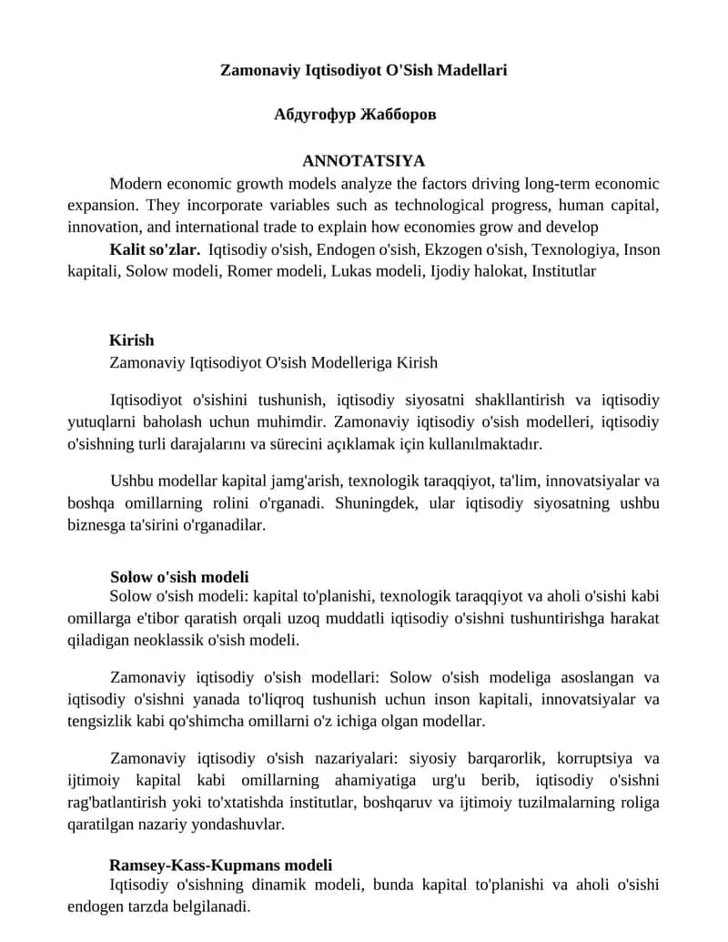 Zamonaviy Iqtisodiyot O'Sish Madellari
