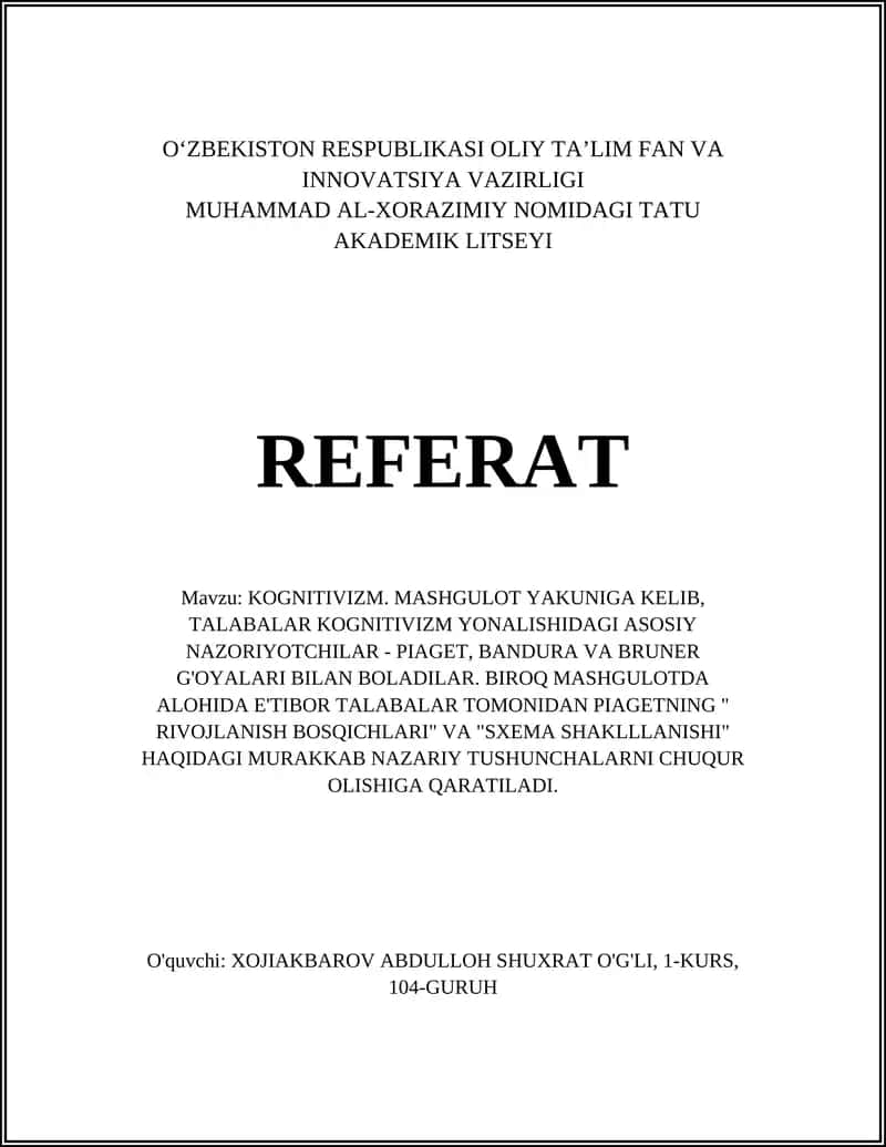 KOGNITIVIZM. MASHGULOT YAKUNIGA KELIB