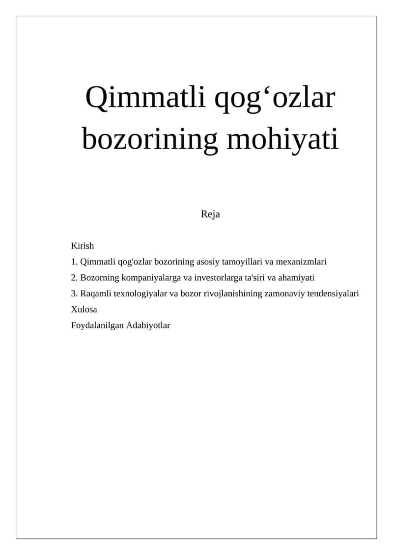 Qimmatli qog'ozlar bozorining mohiyati
