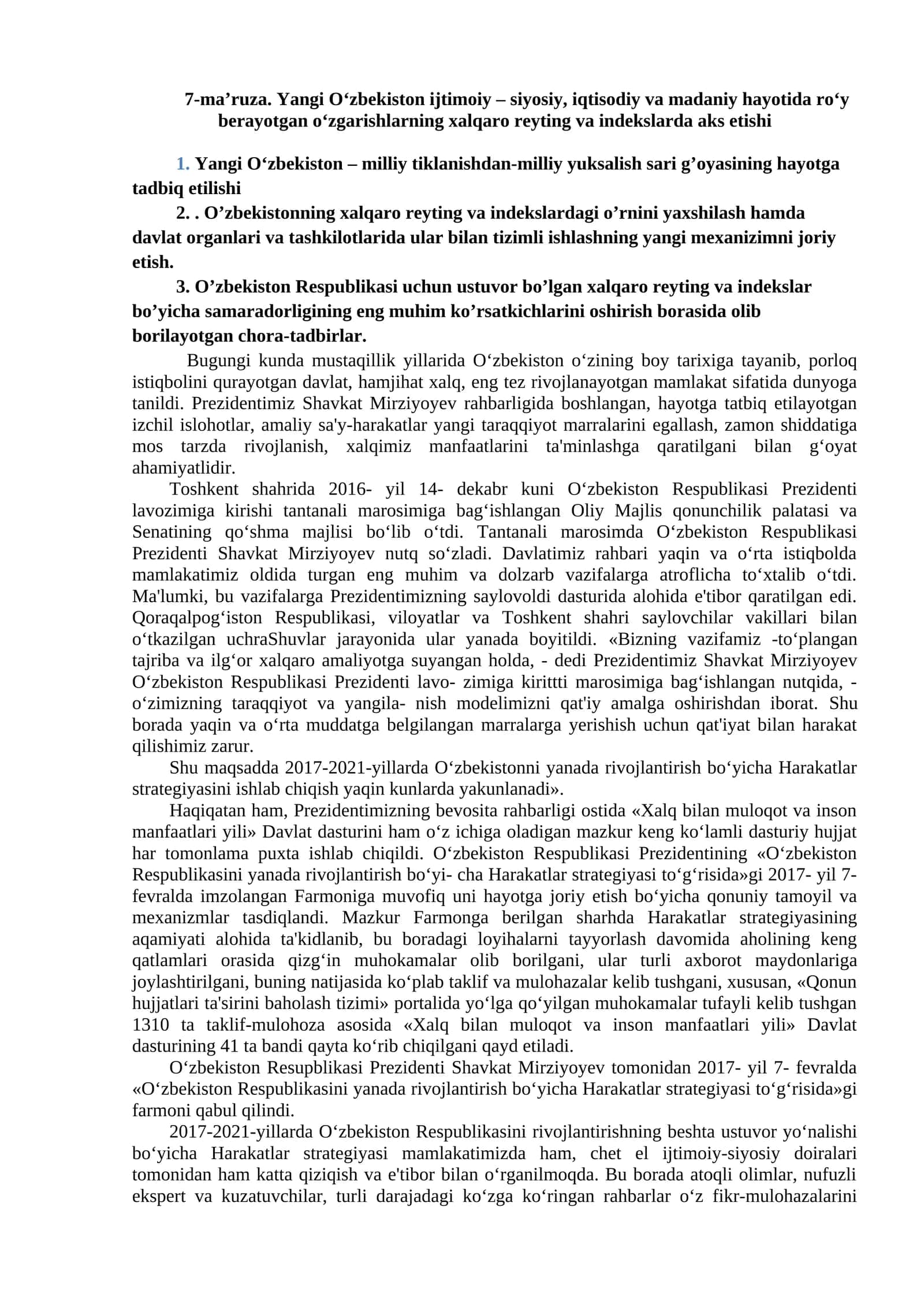Yangi O‘zbekiston - milliy tiklanishdan-milliy yuksalish sari g’oyasining hayotga tadbiq etilishi