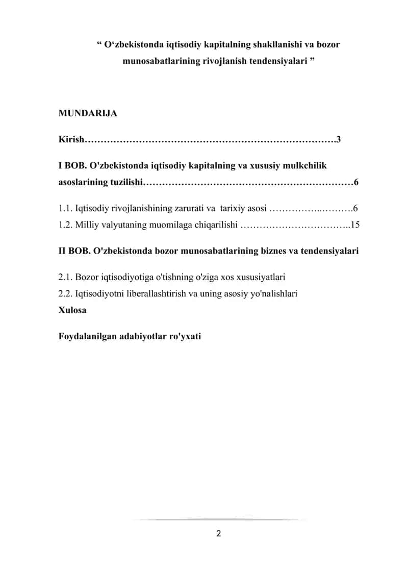 O'zbekistonda iqtisodiy kapitalning shakllanishi va bozor munosabatlarining rivojlanish tendensiyalari